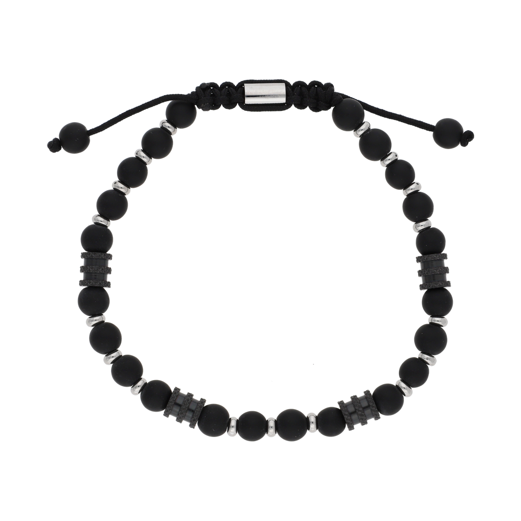 Pulsera acero en hilo bolas/barriles negros
