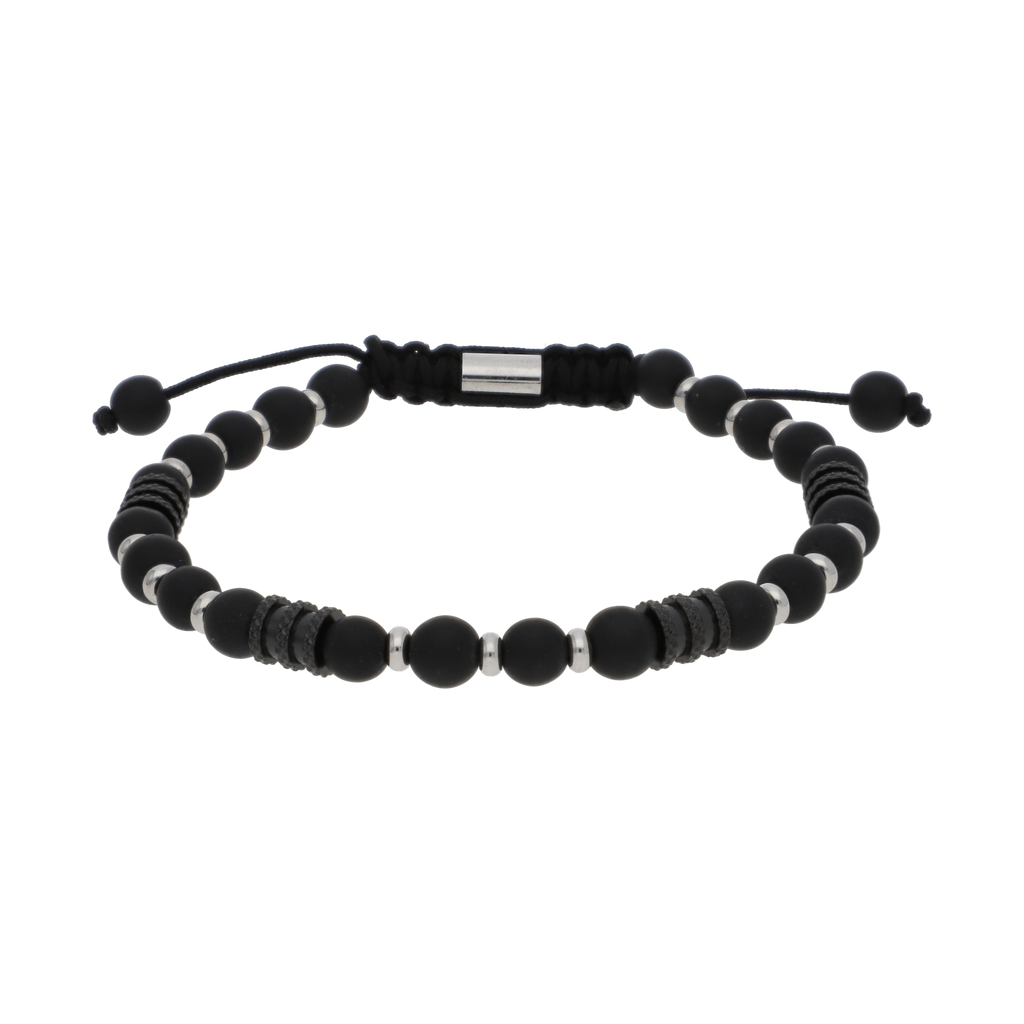 Pulsera acero en hilo bolas/barriles negros