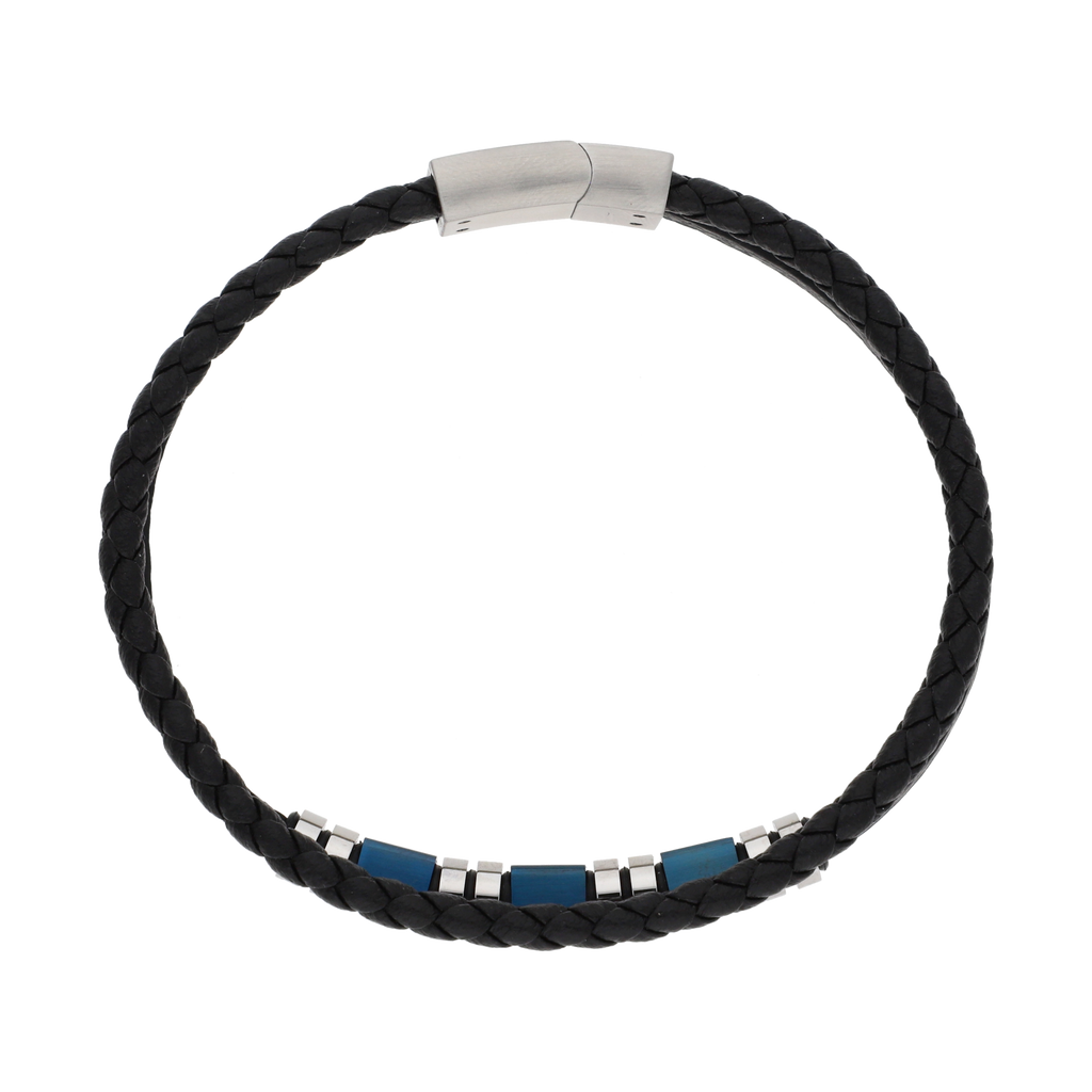 Pulsera cuero trenzado cubos acero azul