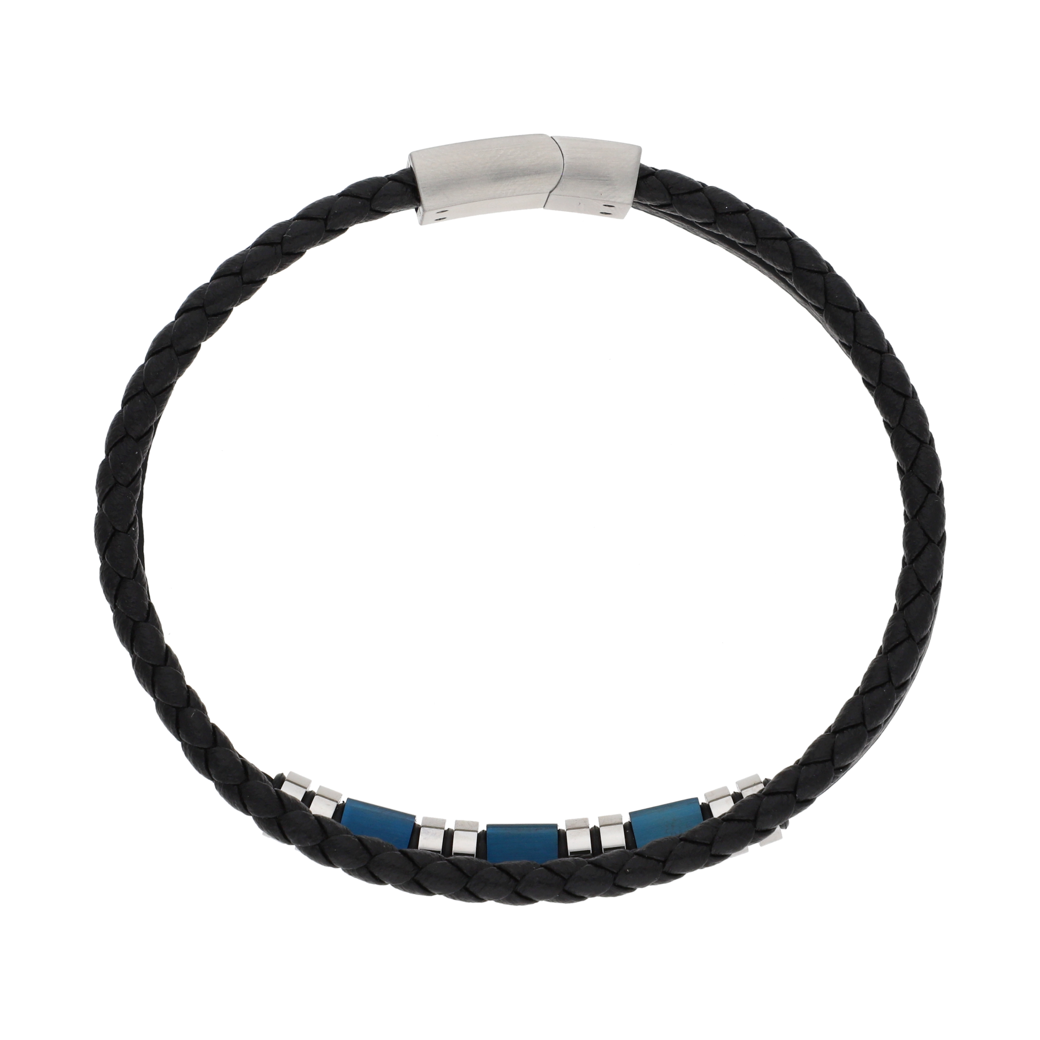 Pulsera cuero trenzado cubos acero azul
