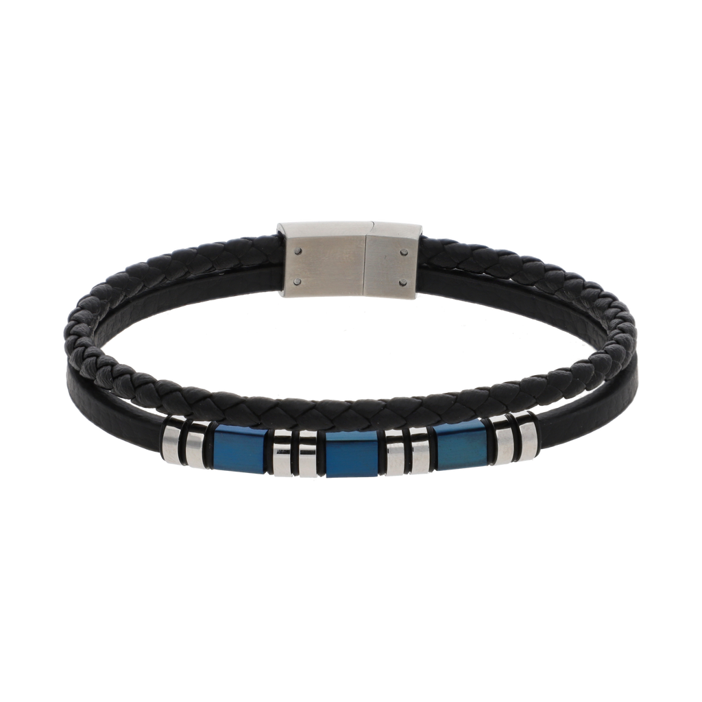 Pulsera cuero trenzado cubos acero azul