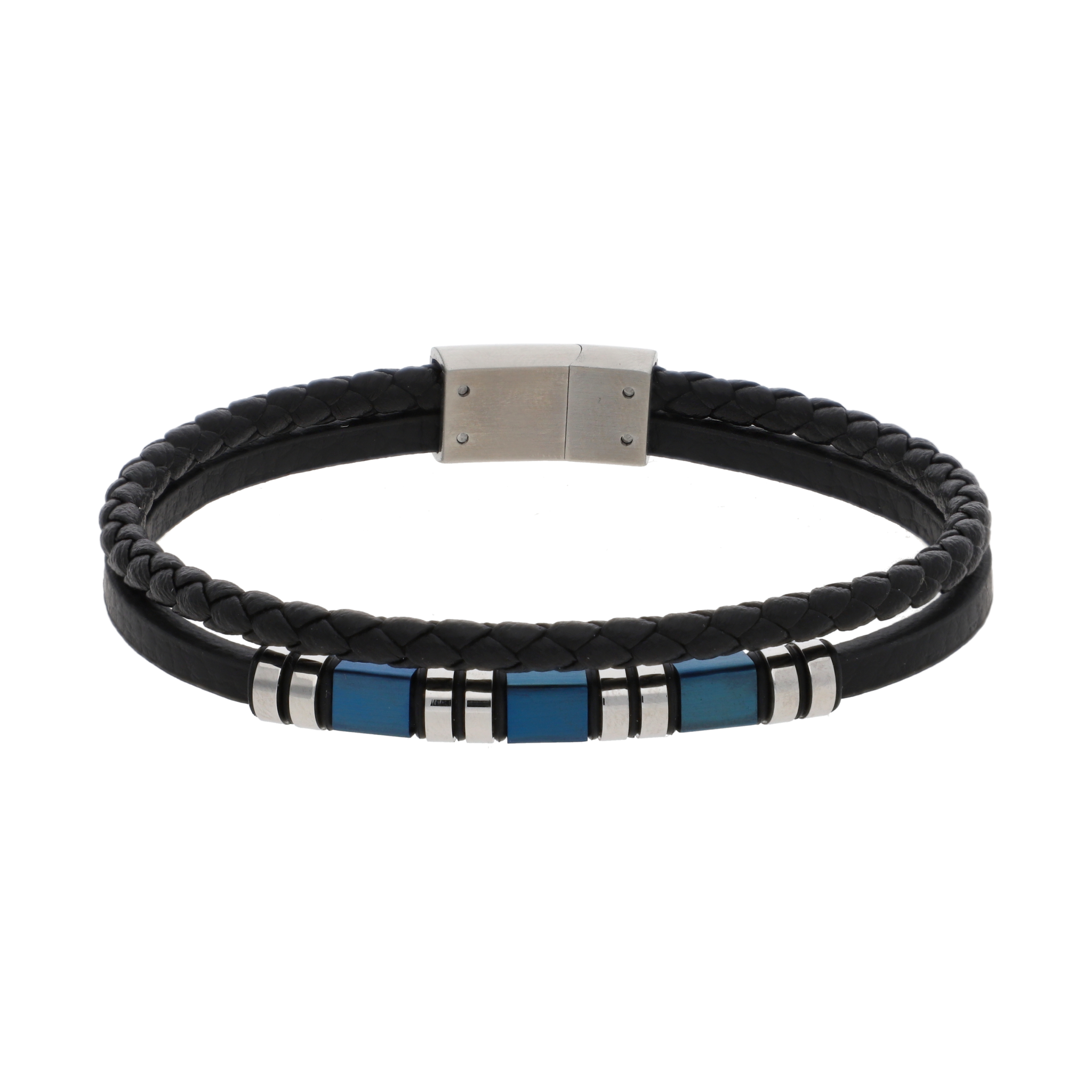 Pulsera cuero trenzado cubos acero azul