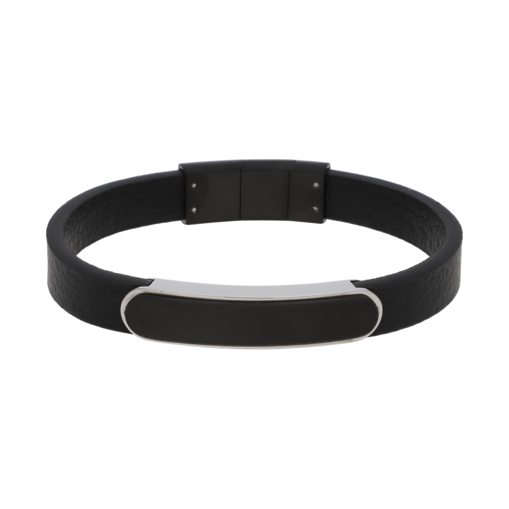 Pulsera cuero negro placa acero