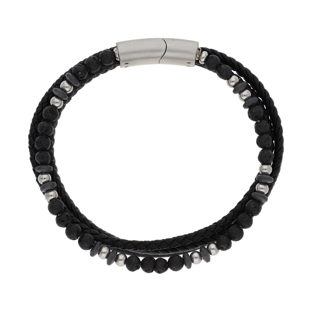 Pulsera 3 filas cuero, ónix y acero
