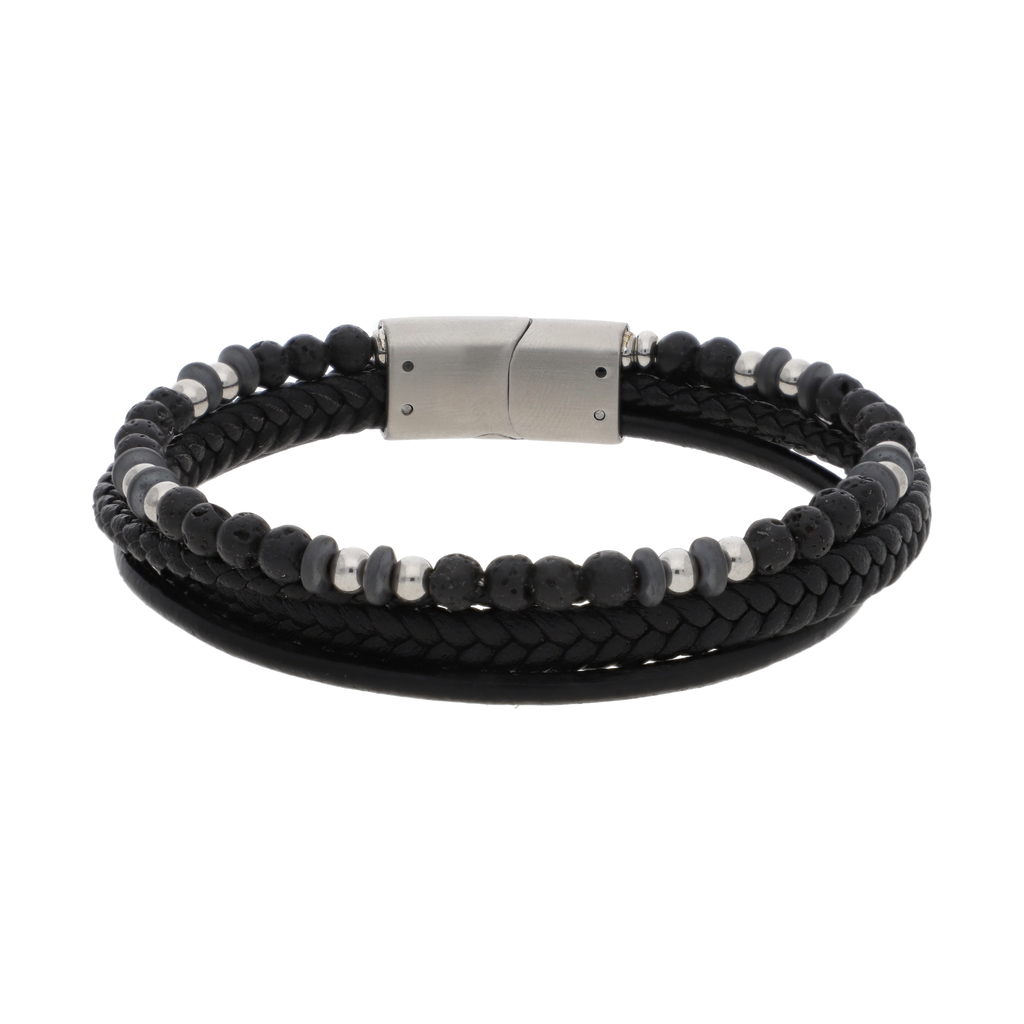 Pulsera 3 filas cuero, ónix y acero