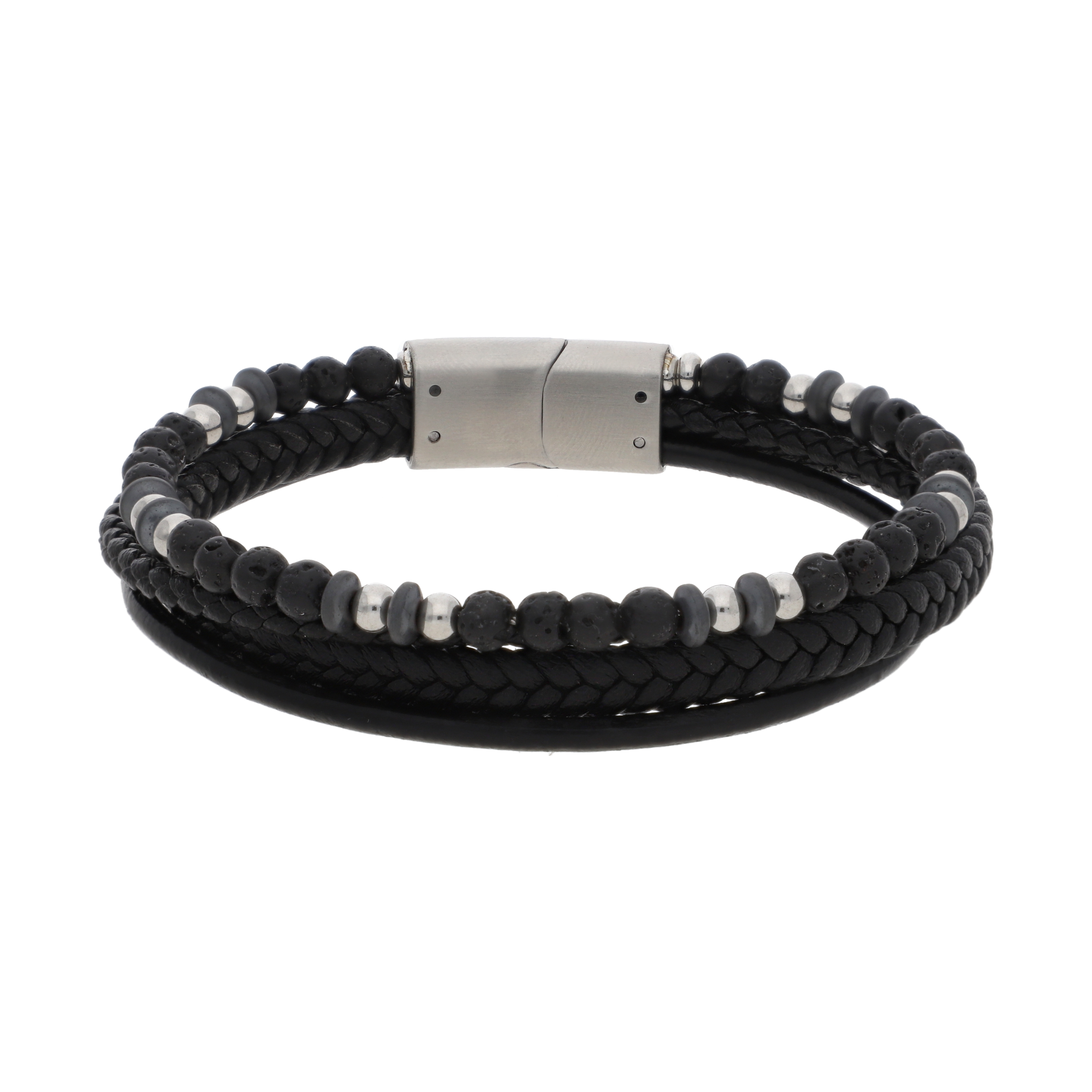 Pulsera 3 filas cuero, ónix y acero