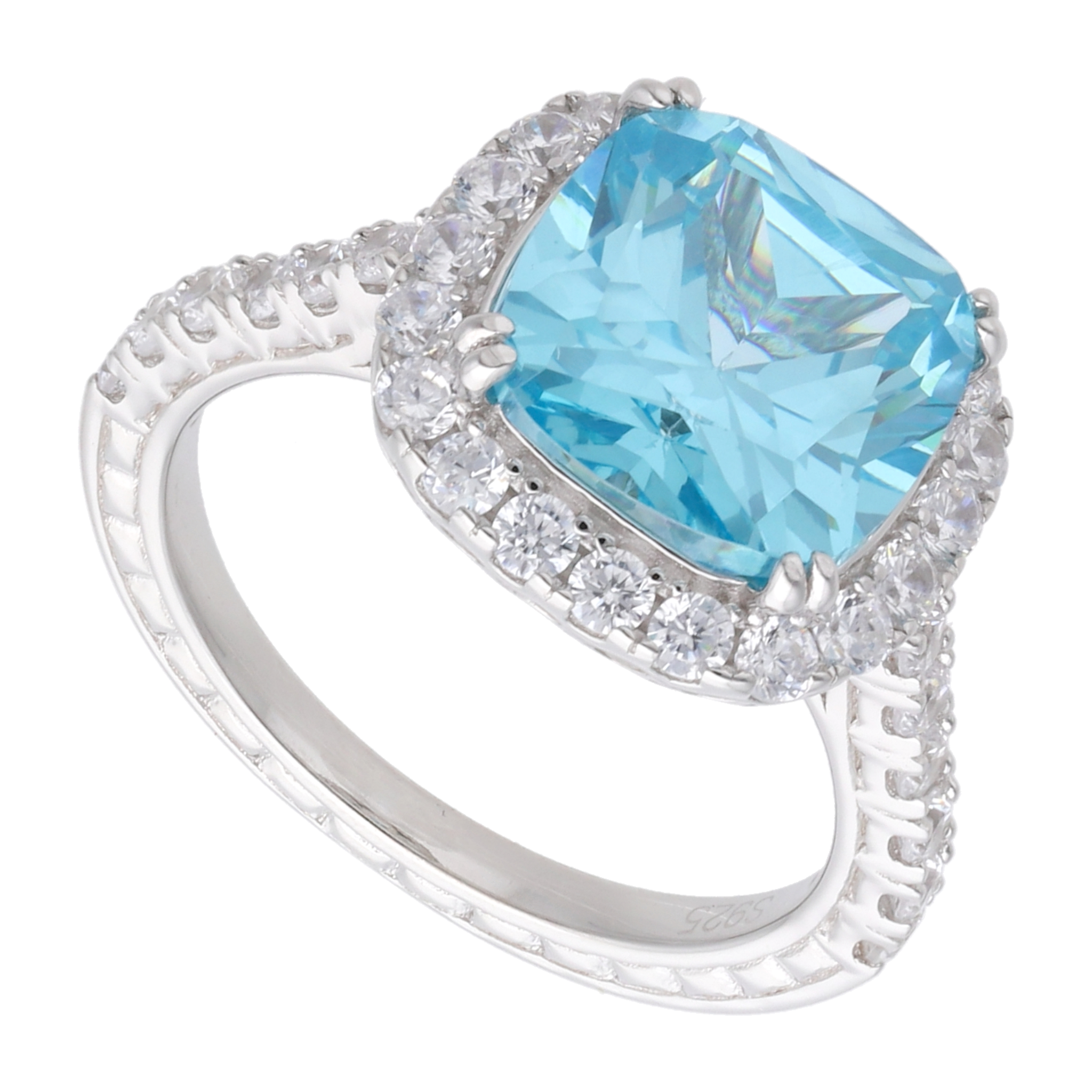 Anillo cushion circonia azul/rosa plata