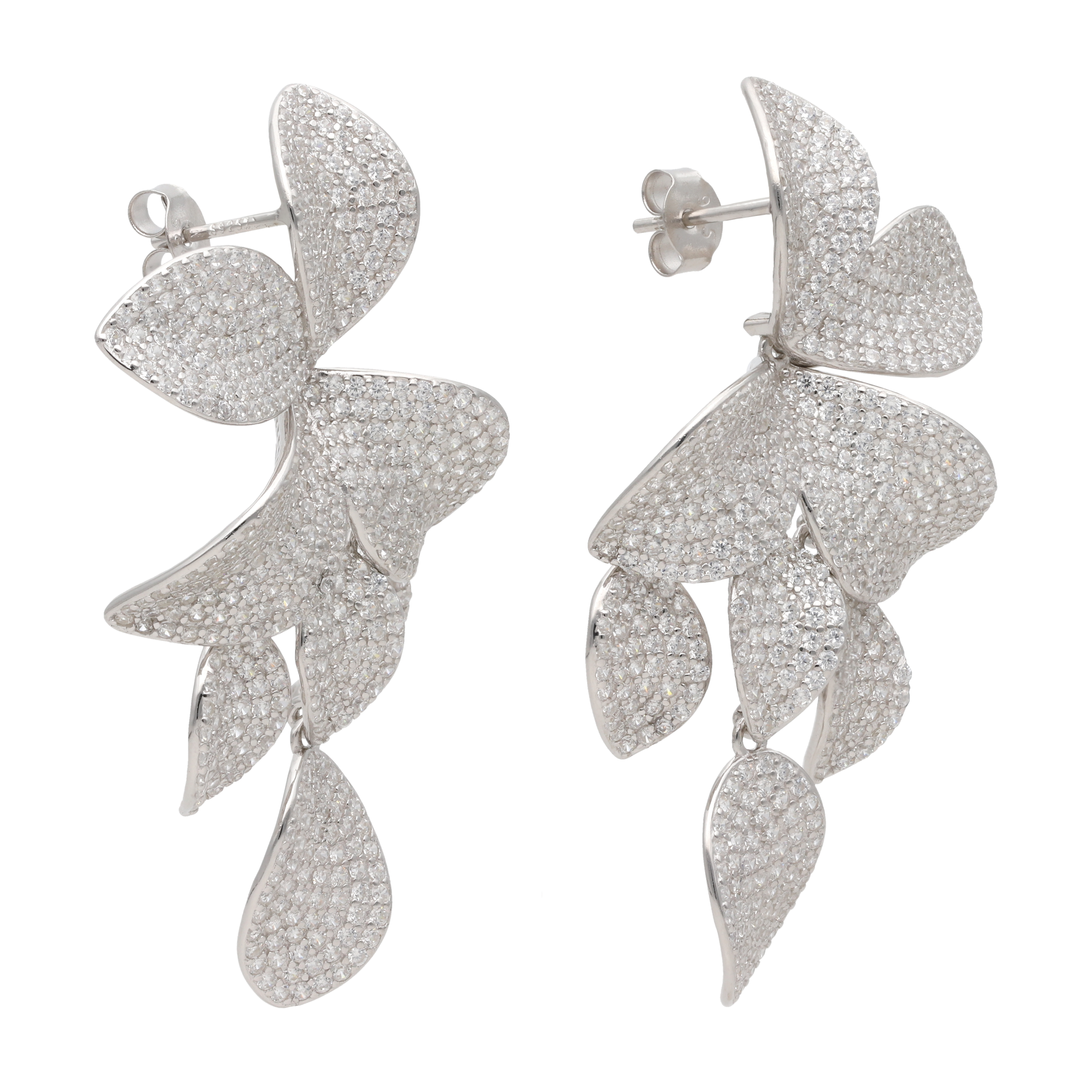 Aretes flor pave circonias cascada plata