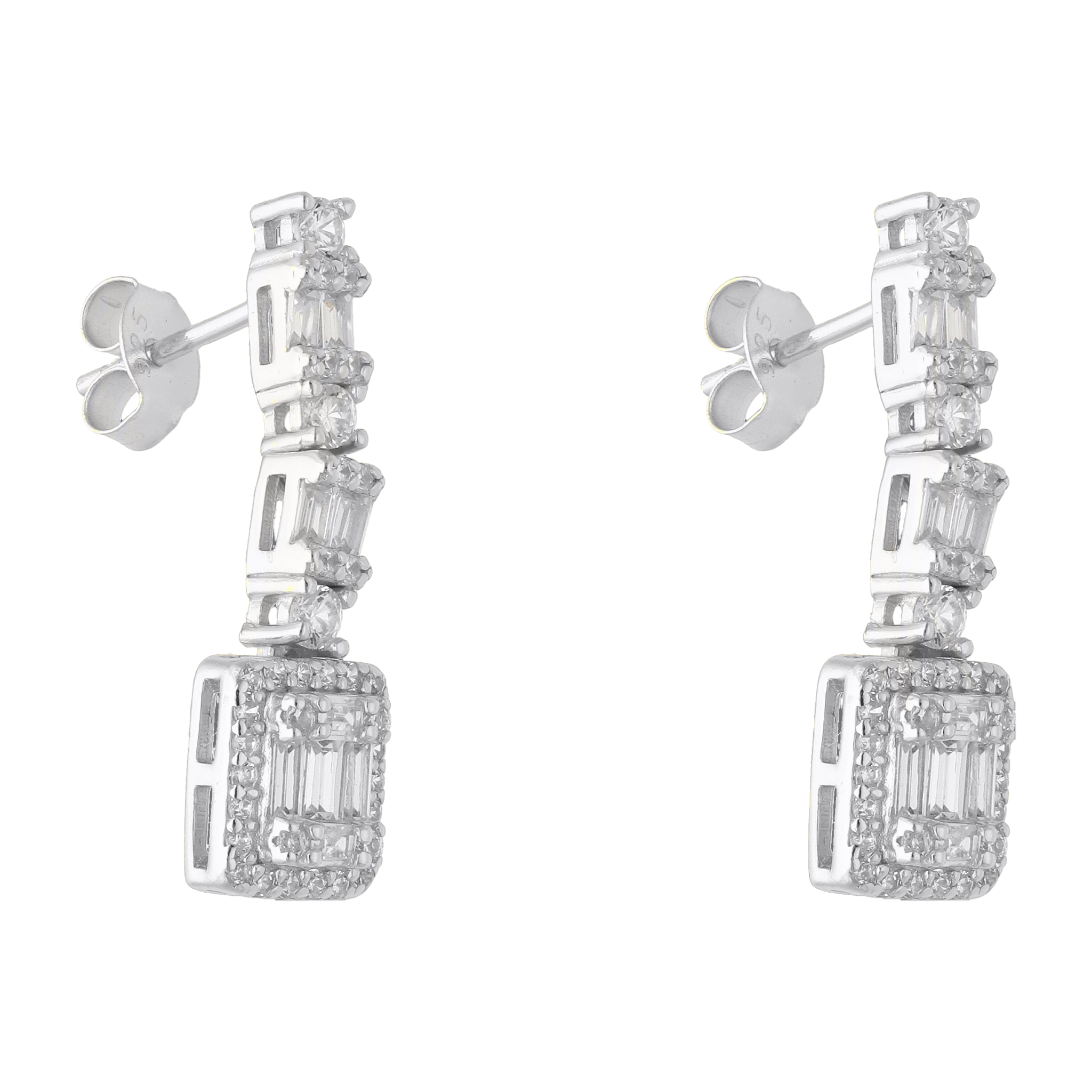 Aretes largos baguettes circonias plata