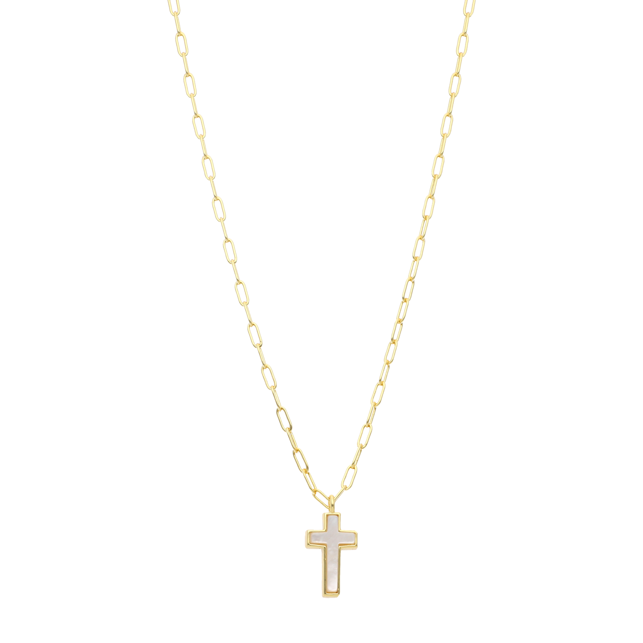 Collar cadena clip cruz madre perla plata