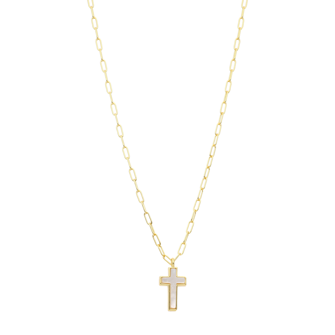 Collar cadena clip cruz madre perla plata