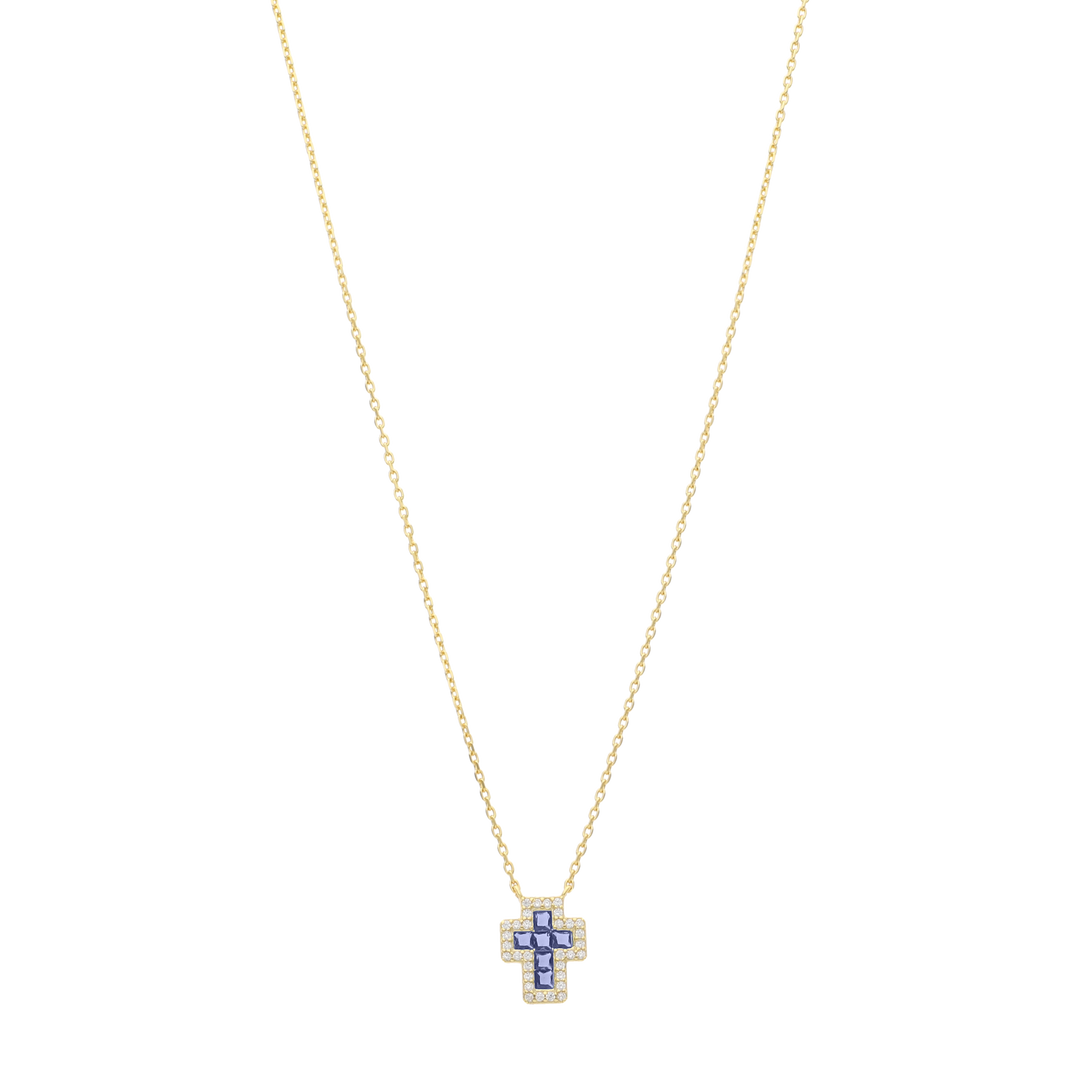 Collar cruz color y bisel circonias blancas