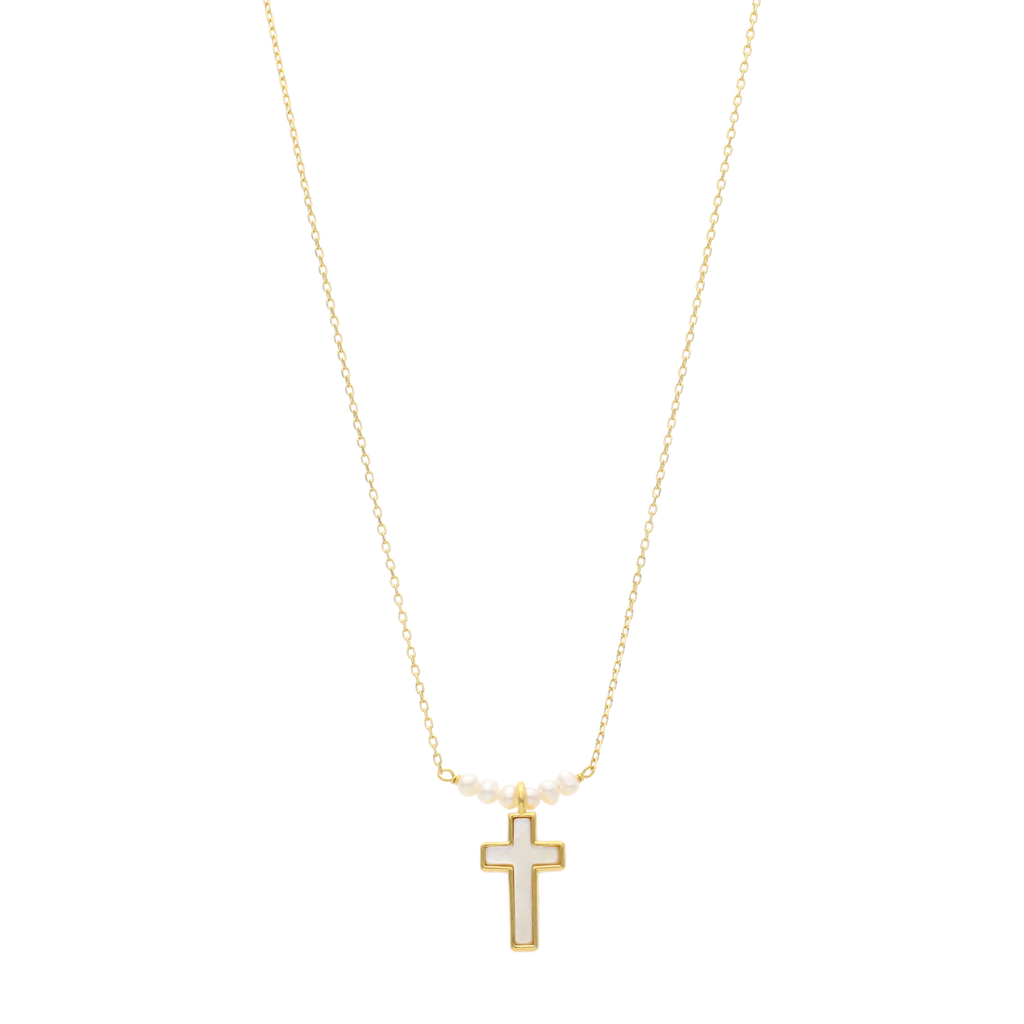 Collar cruz madre perla 6 perlitas plata