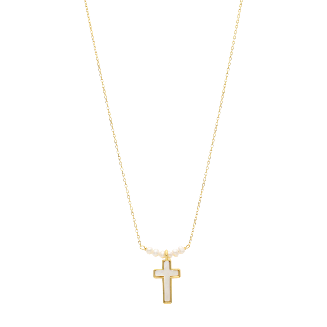 Collar cruz madre perla 6 perlitas plata
