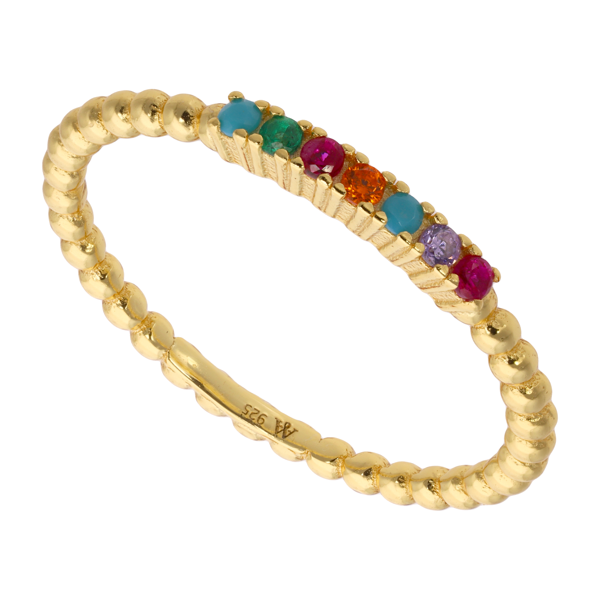 Anillo bolitas y 7 circonias colores