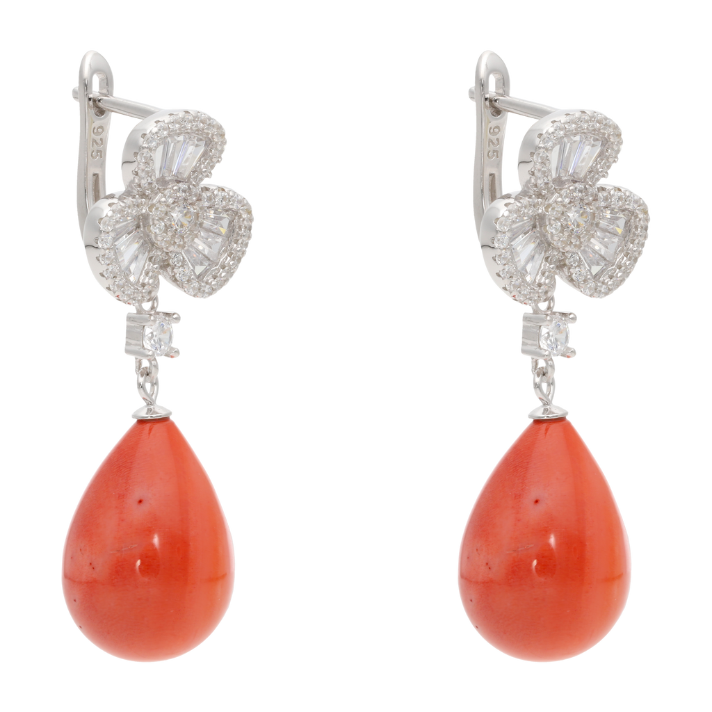 Aretes largos flor petalos perlas/coral/turquesa plata
