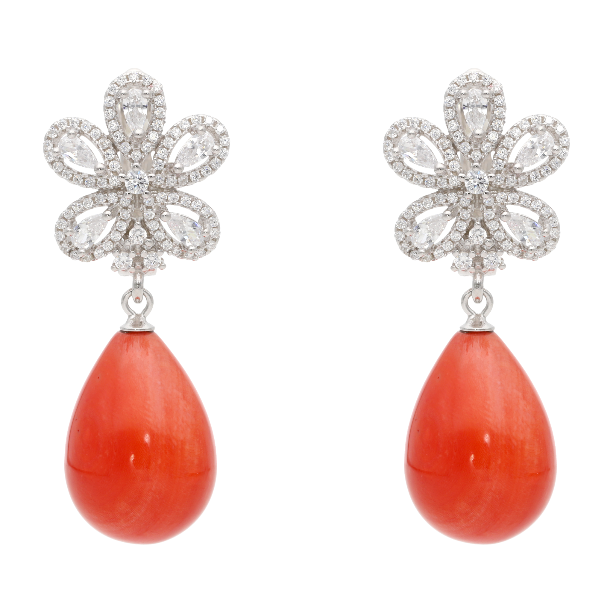 Aretes largos flor circonias coral plata