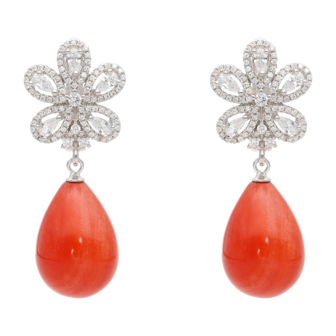 Aretes largos flor circonias coral plata
