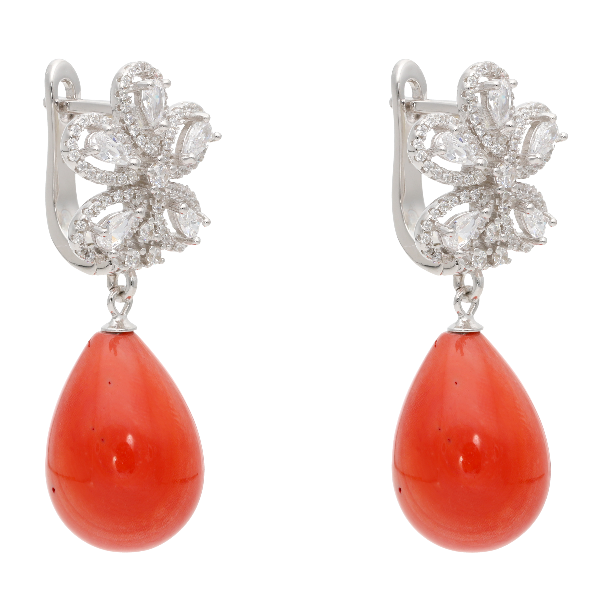 Aretes largos flor circonias coral plata