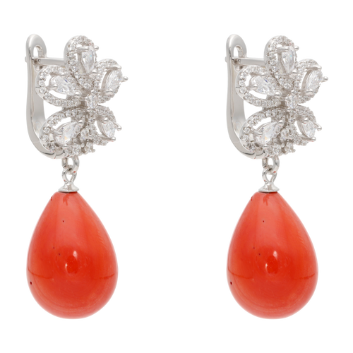 Aretes largos flor circonias coral plata