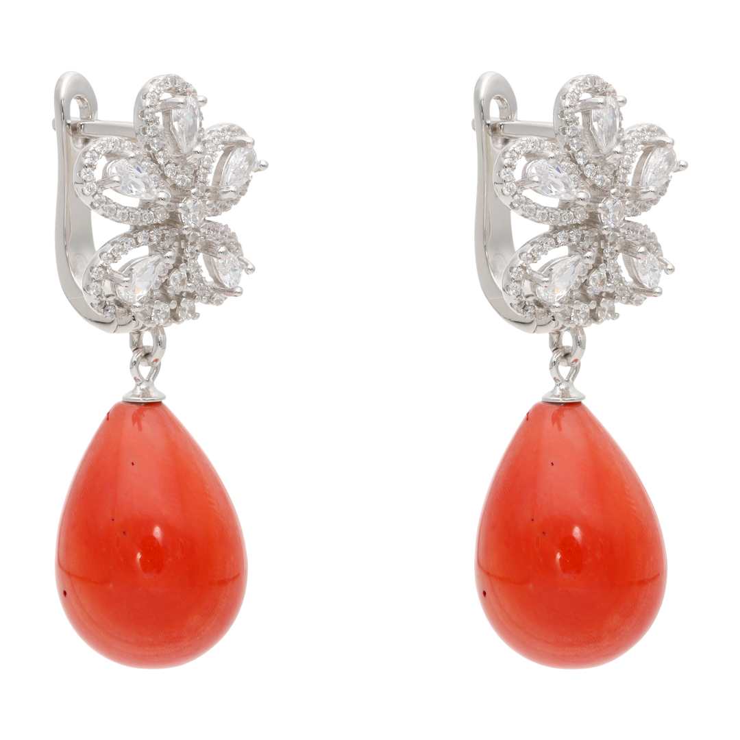 Aretes largos flor circonias coral plata