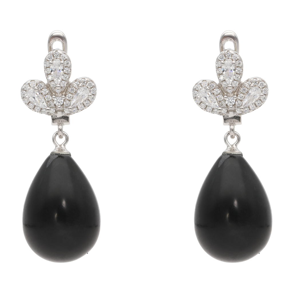 Aretes largos flor gota onix/perla plata