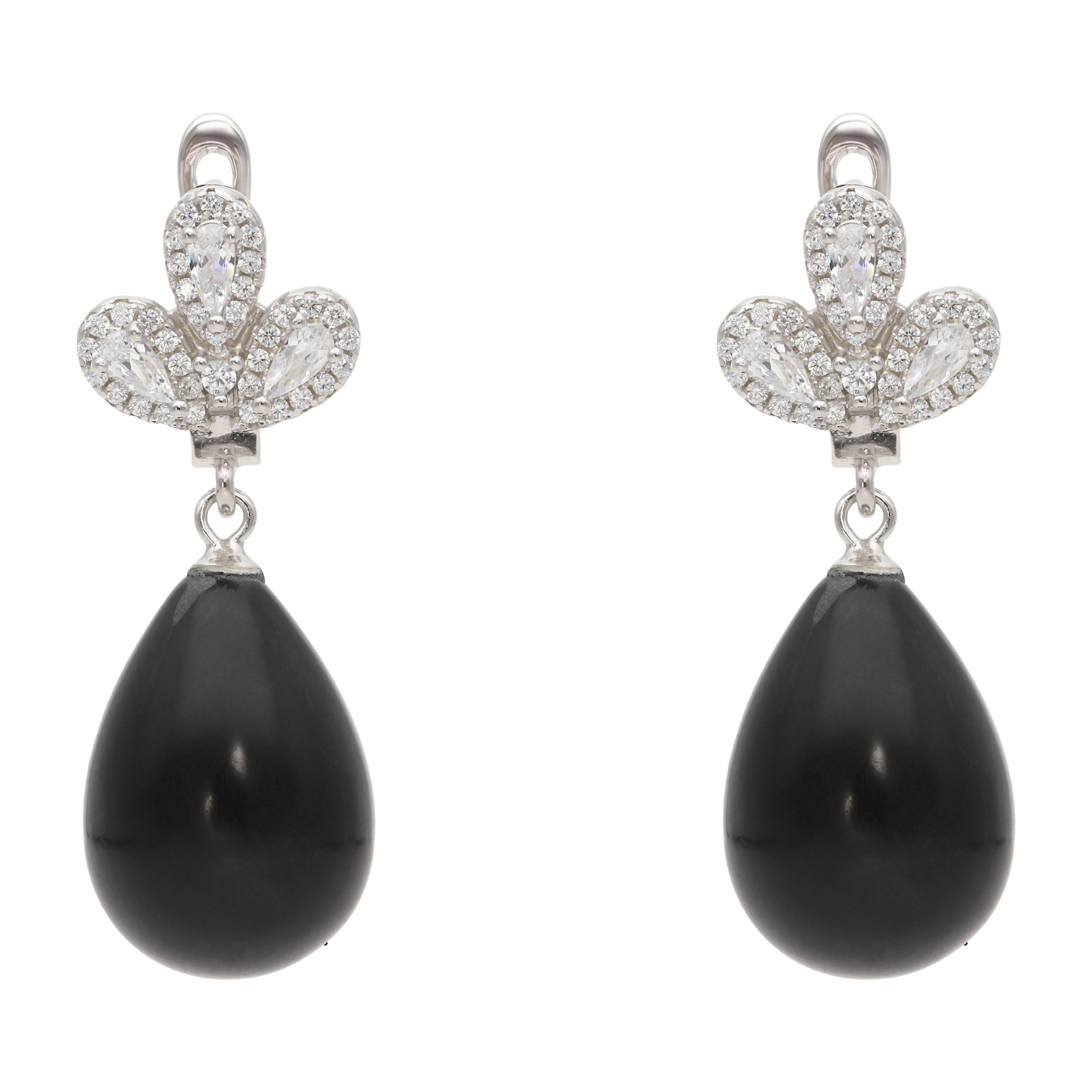 Aretes largos flor gota onix/perla plata