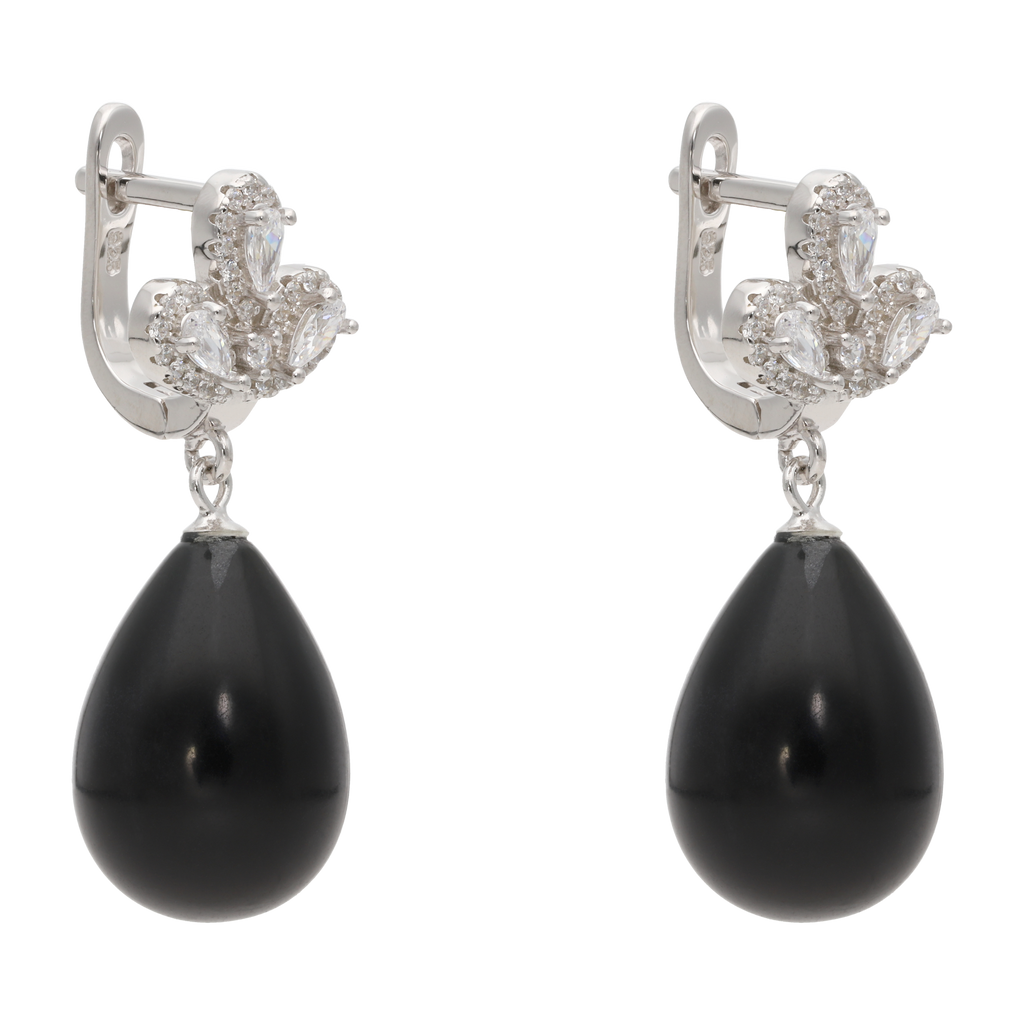 Aretes largos flor gota onix/perla plata