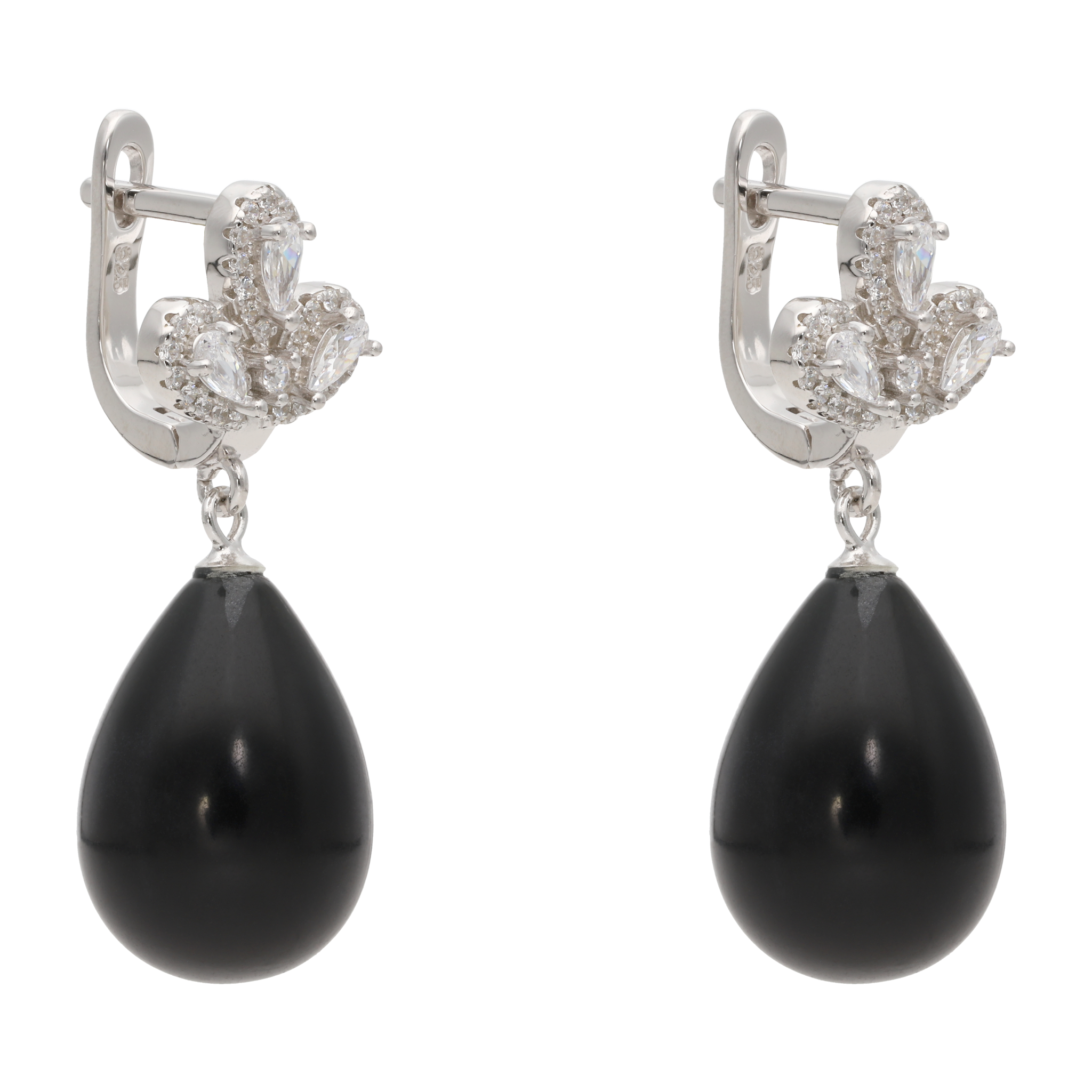 Aretes largos flor gota onix/perla plata