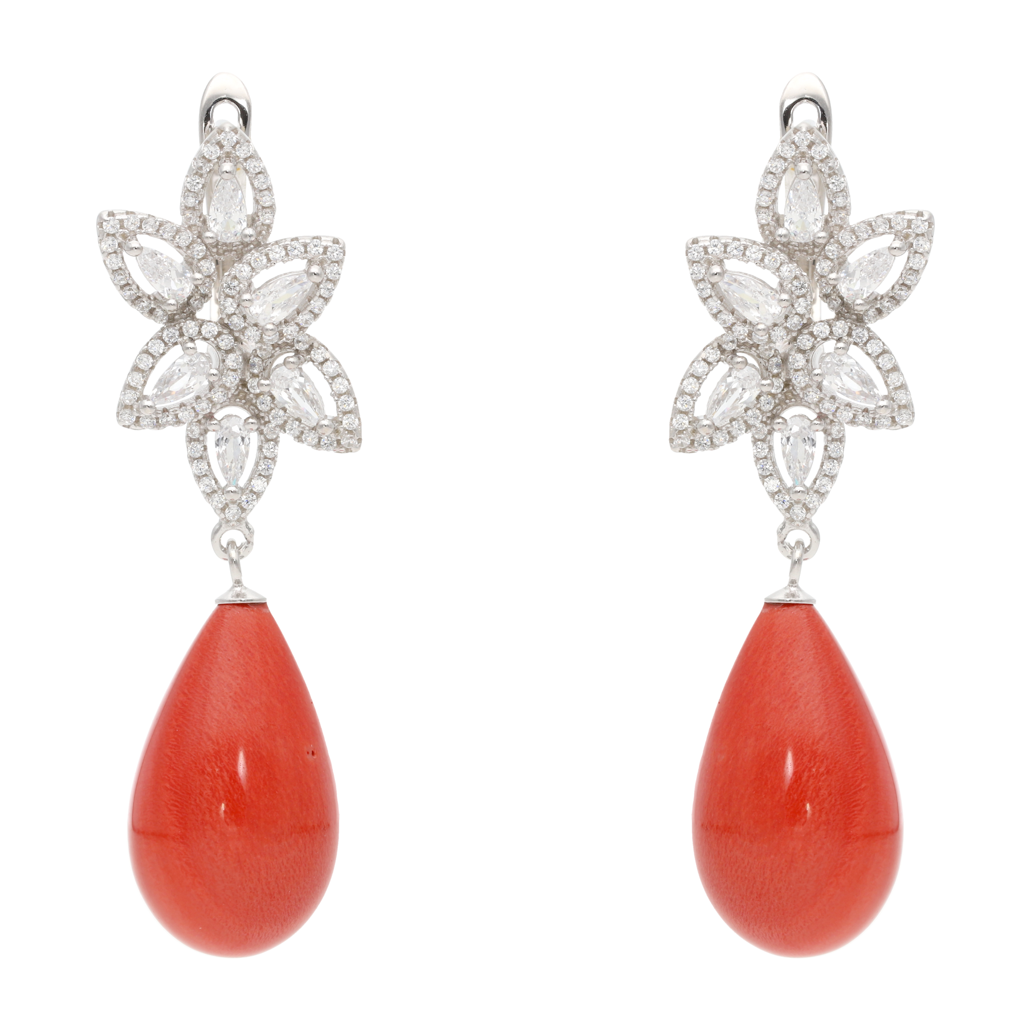 Aretes largos gotas circonias perla/coral plata