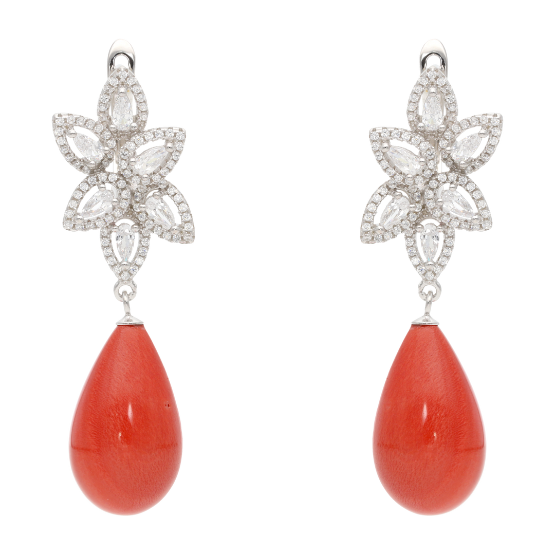 Aretes largos gotas circonias perla/coral plata