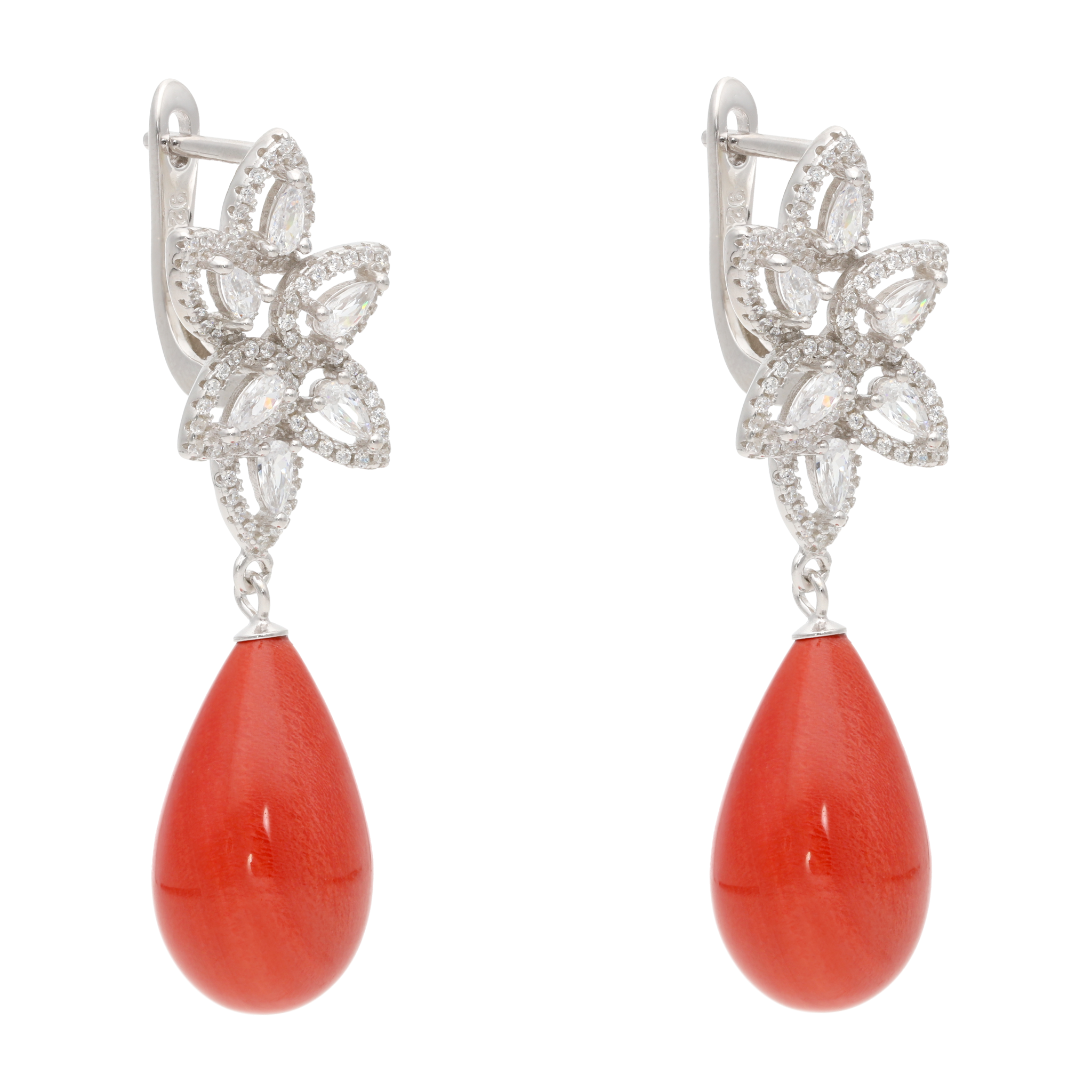 Aretes largos gotas circonias perla/coral plata