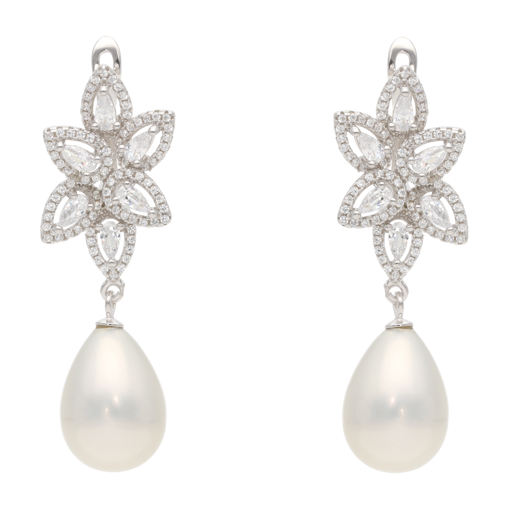 Aretes largos gotas circonias perla/coral plata
