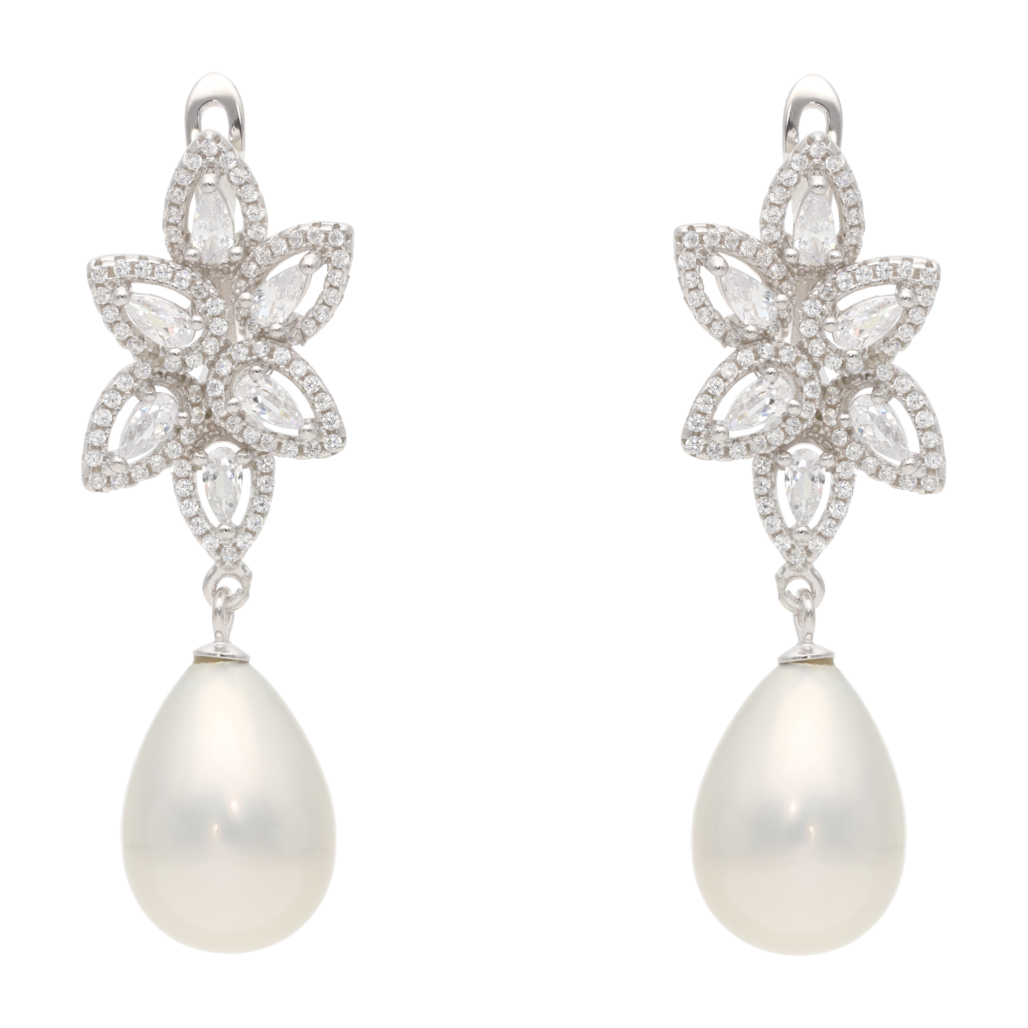 Aretes largos gotas circonias perla/coral plata