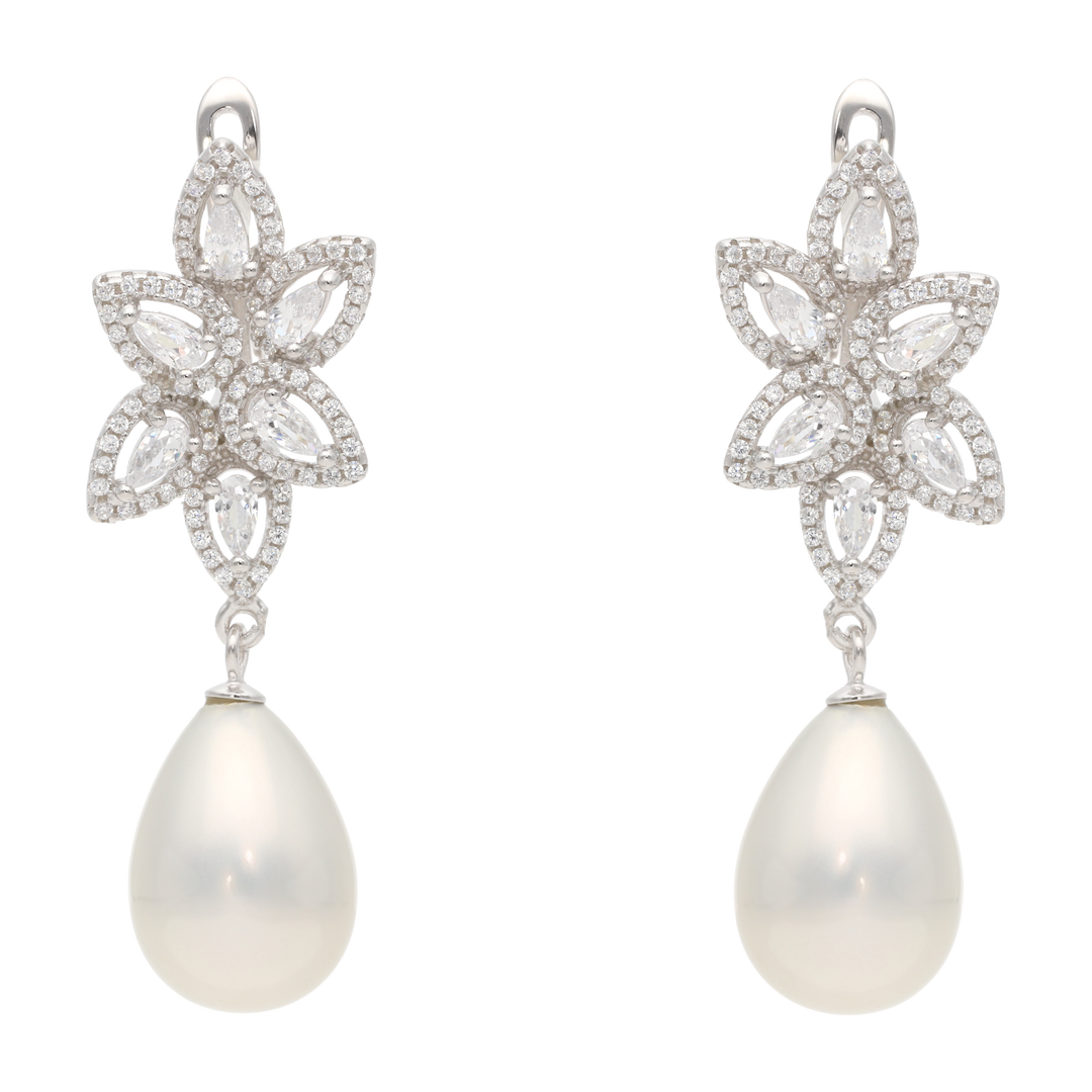 Aretes largos gotas circonias perla/coral plata