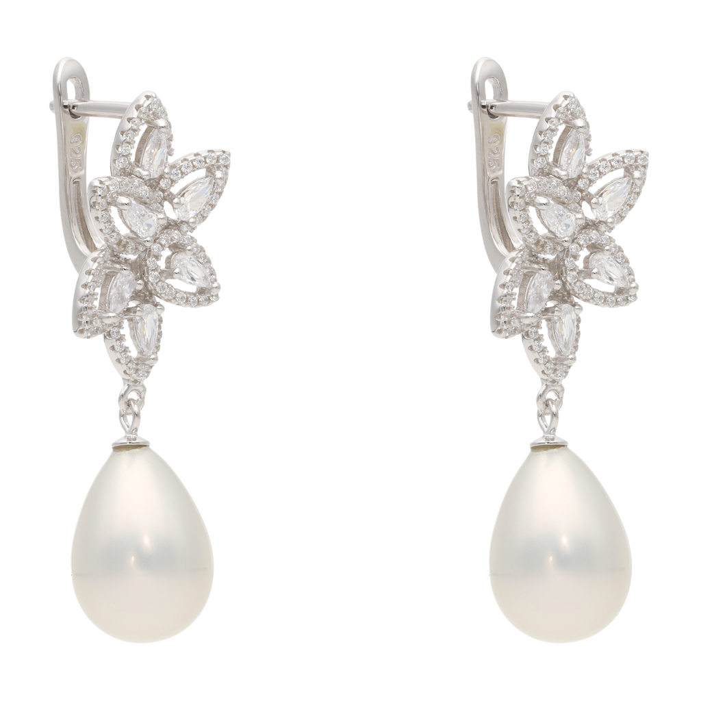 Aretes largos gotas circonias perla/coral plata