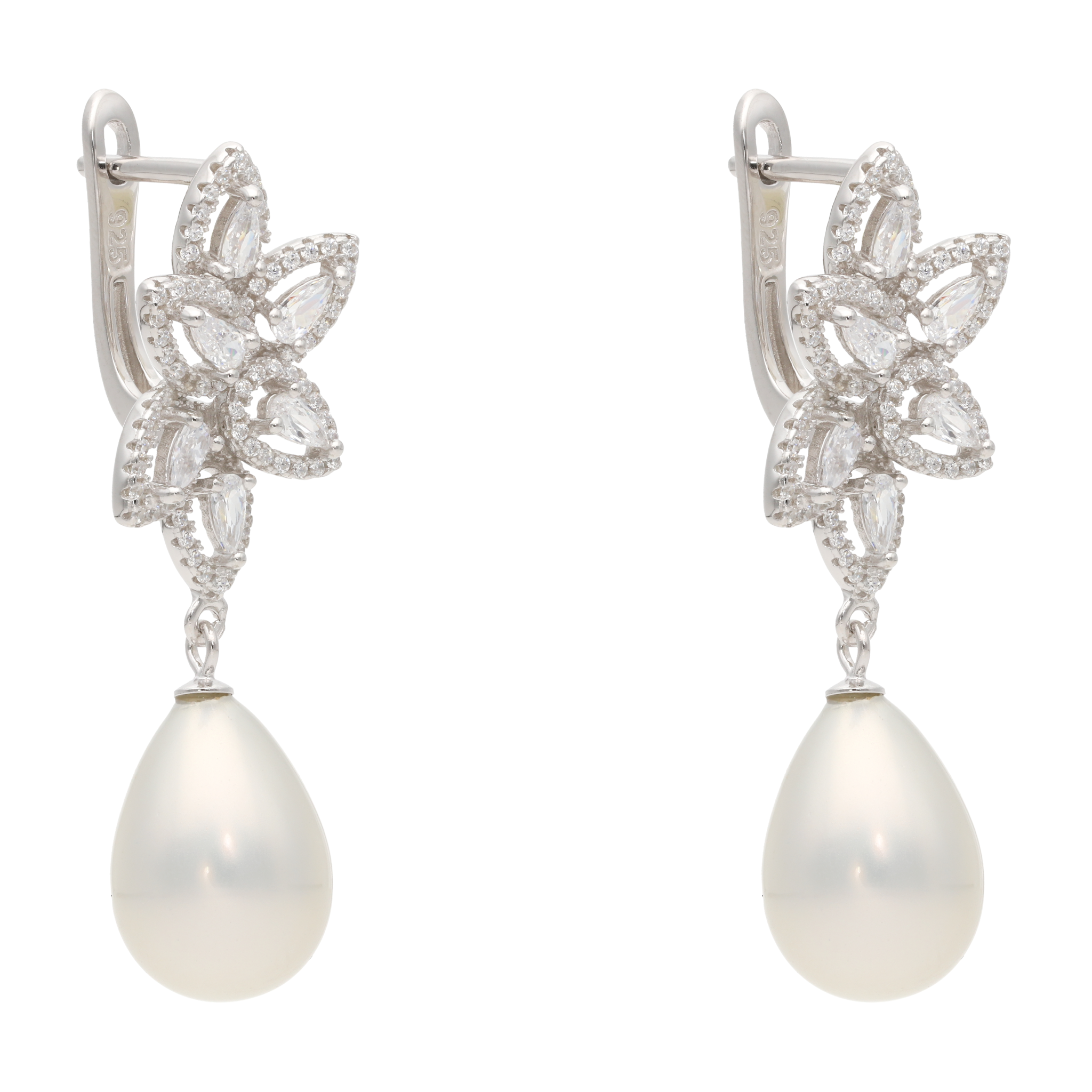 Aretes largos gotas circonias perla/coral plata