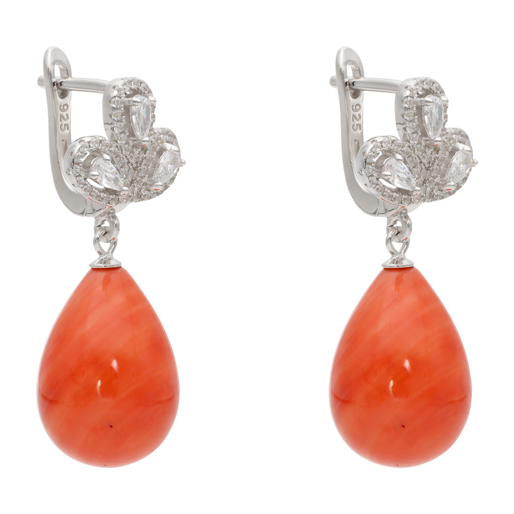 Aretes largos flor gota onix/perla plata
