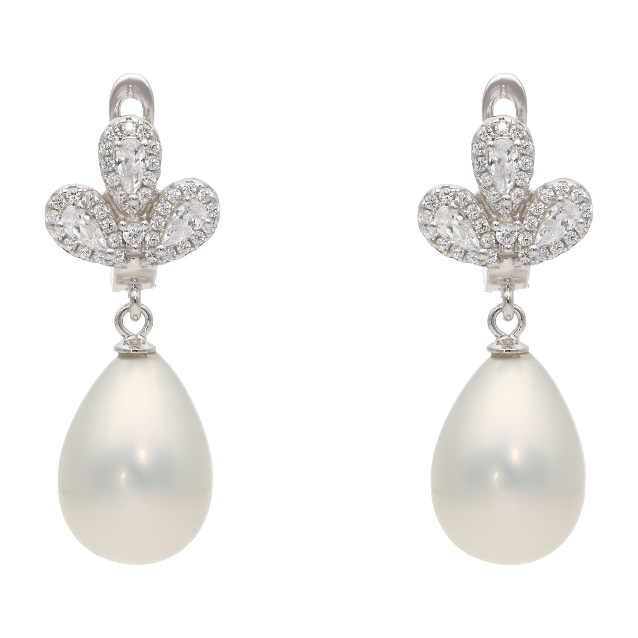 Aretes largos flor gota onix/perla plata