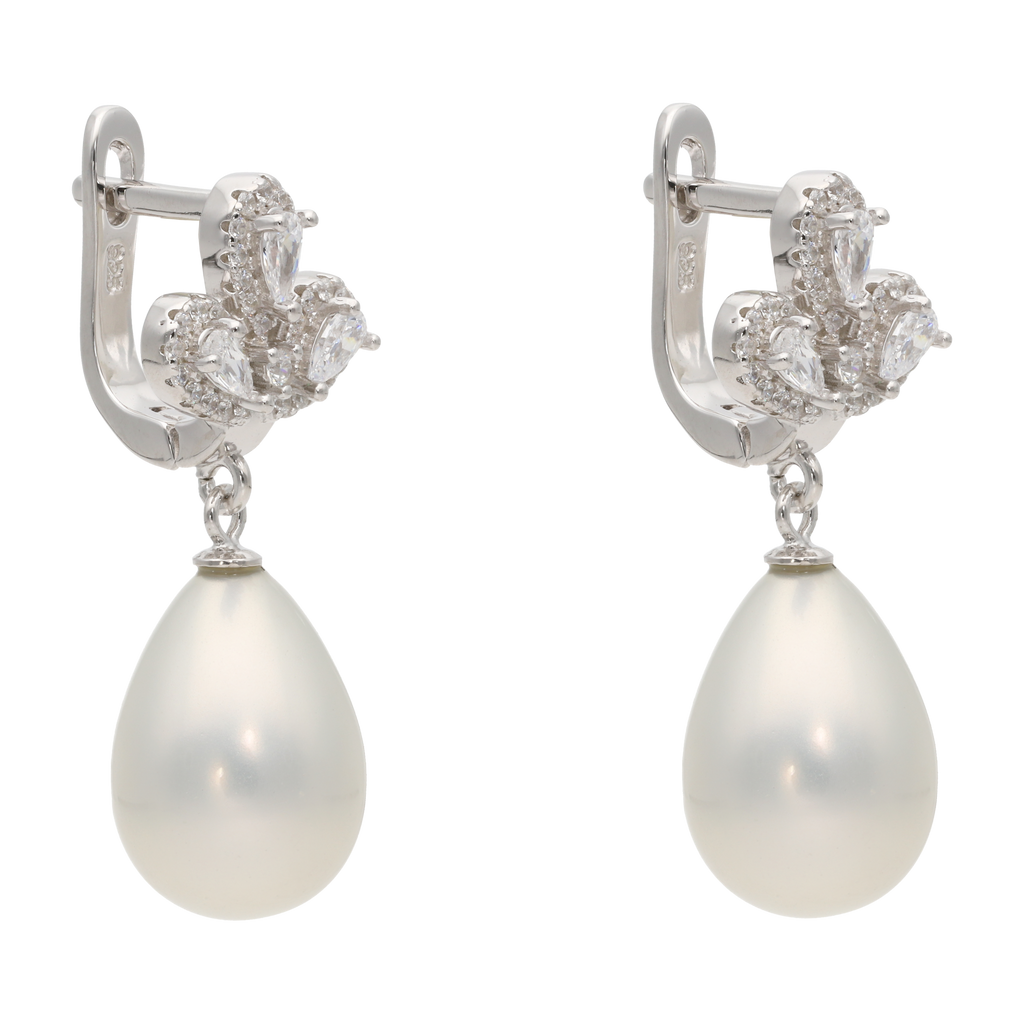 Aretes largos flor gota onix/perla plata