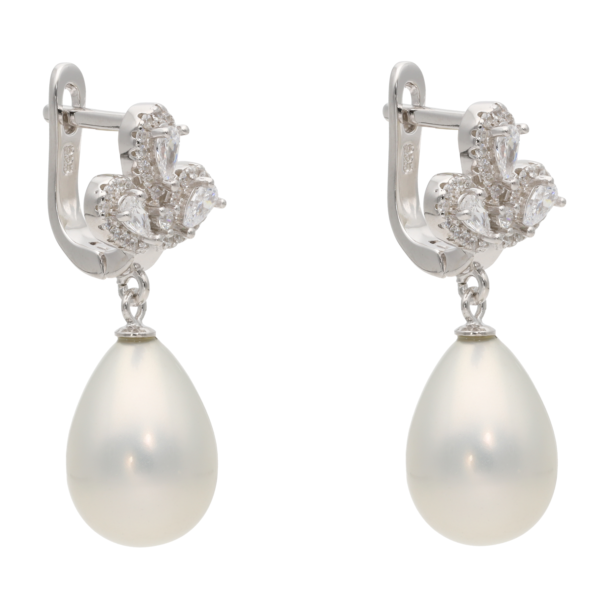 Aretes largos flor gota onix/perla plata