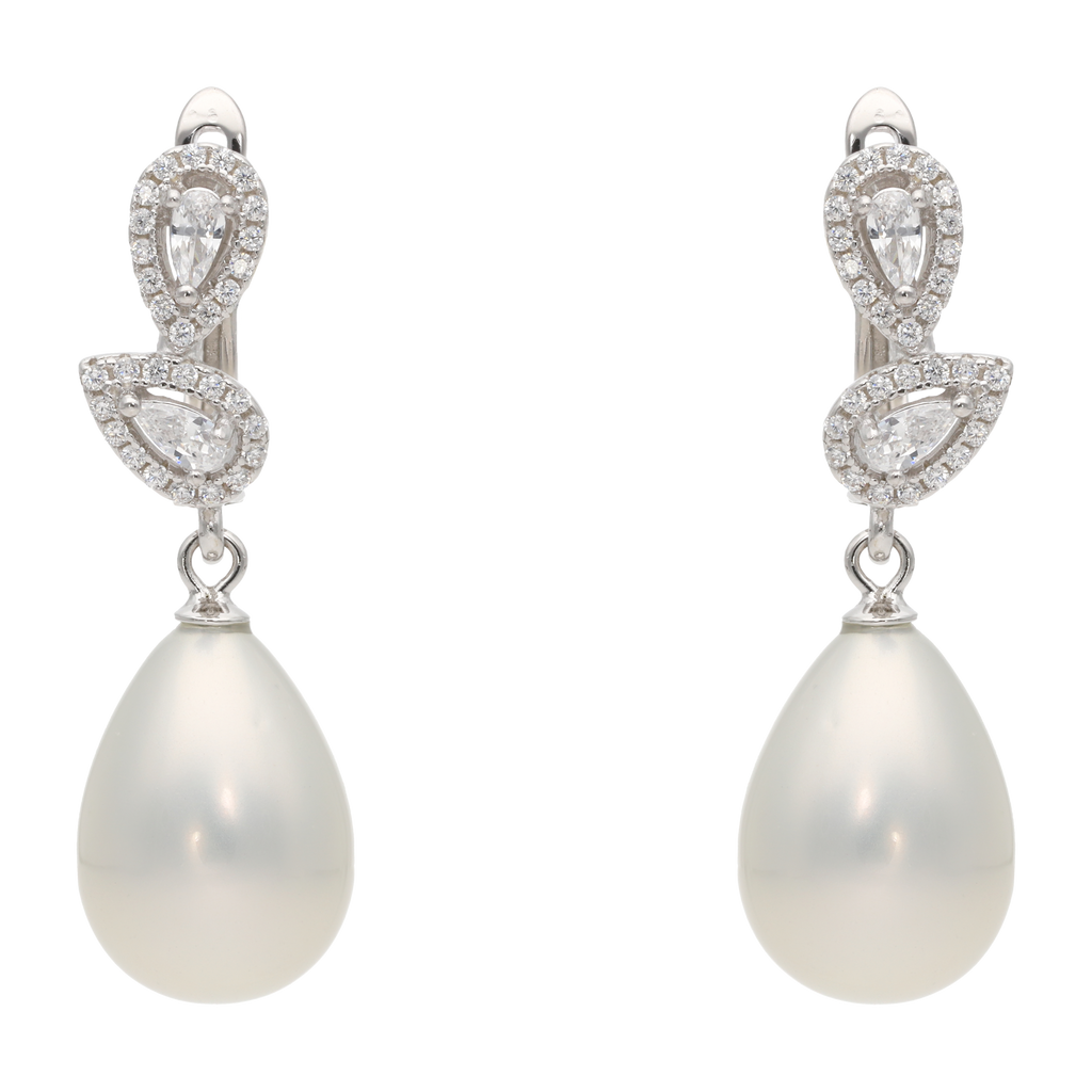 Aretes largos perla gota circonias plata