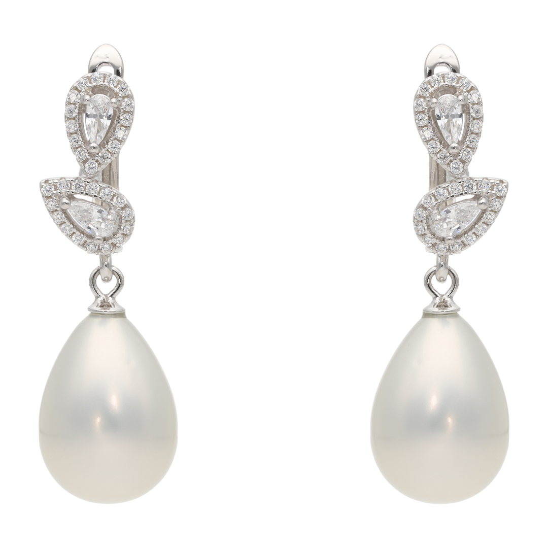 Aretes largos perla gota circonias plata