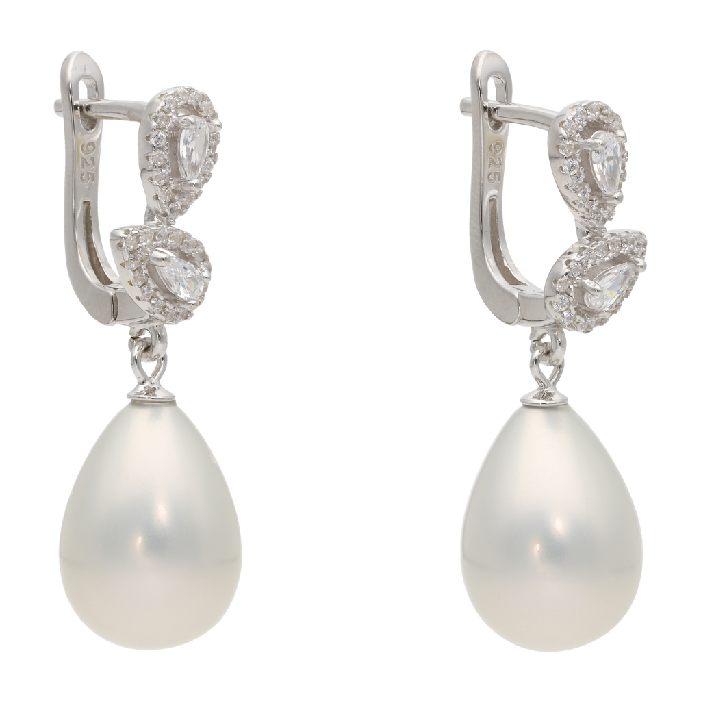 Aretes largos perla gota circonias plata