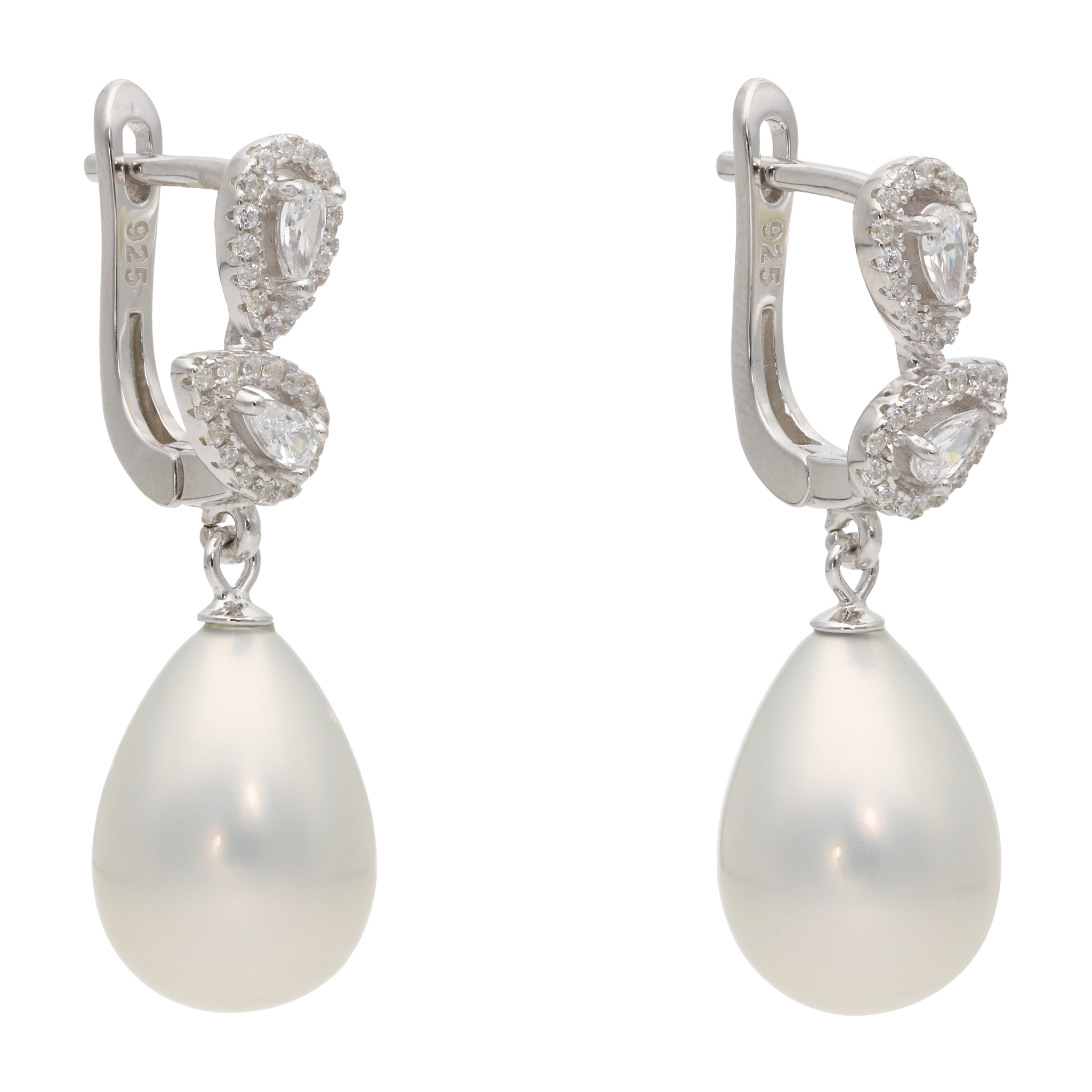 Aretes largos perla gota circonias plata