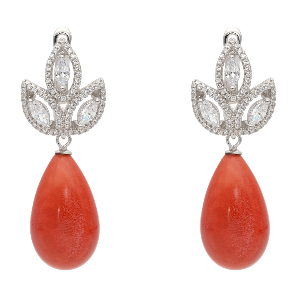 Aretes 3 hojas circonias con piedra gota plata