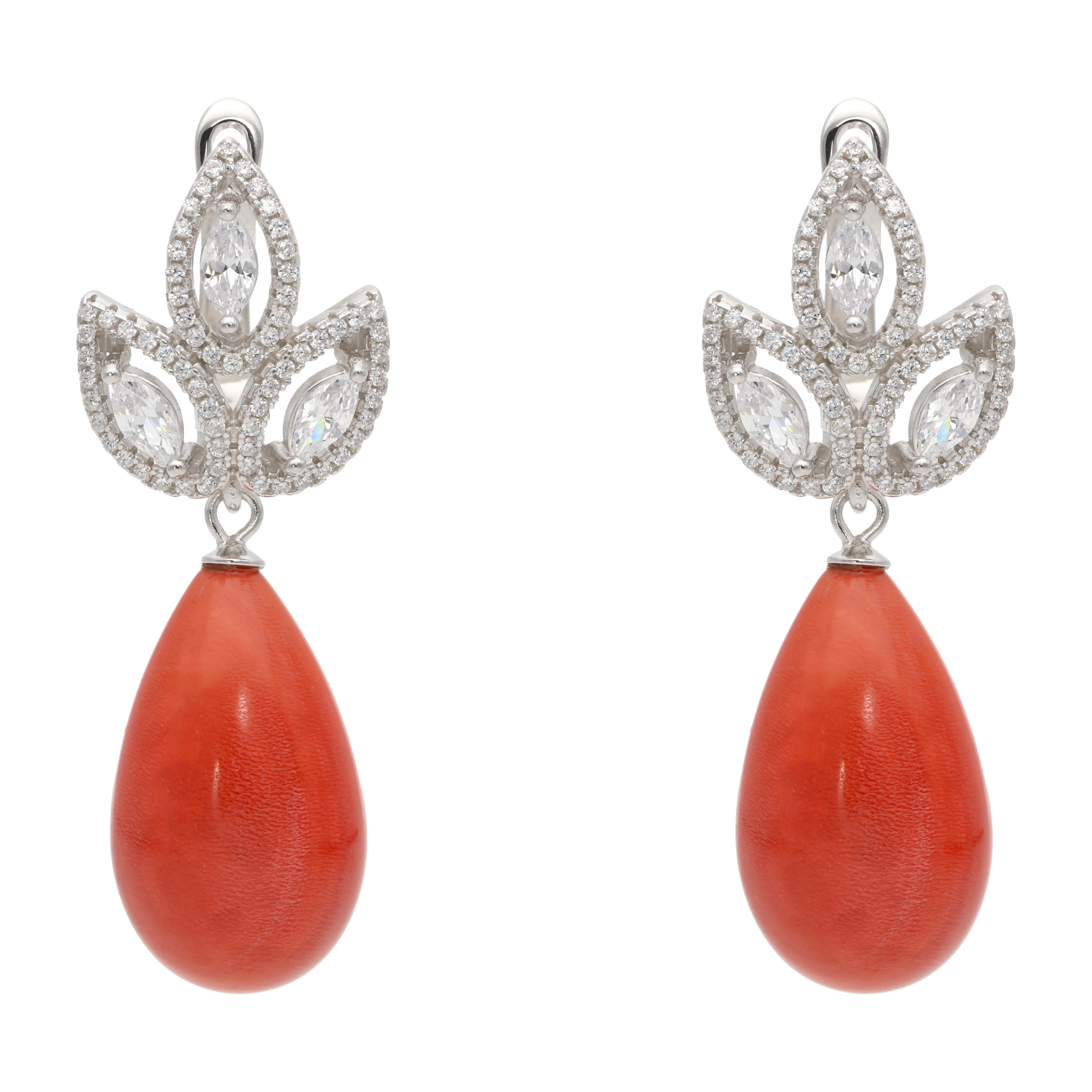 Aretes 3 hojas circonias con piedra gota plata