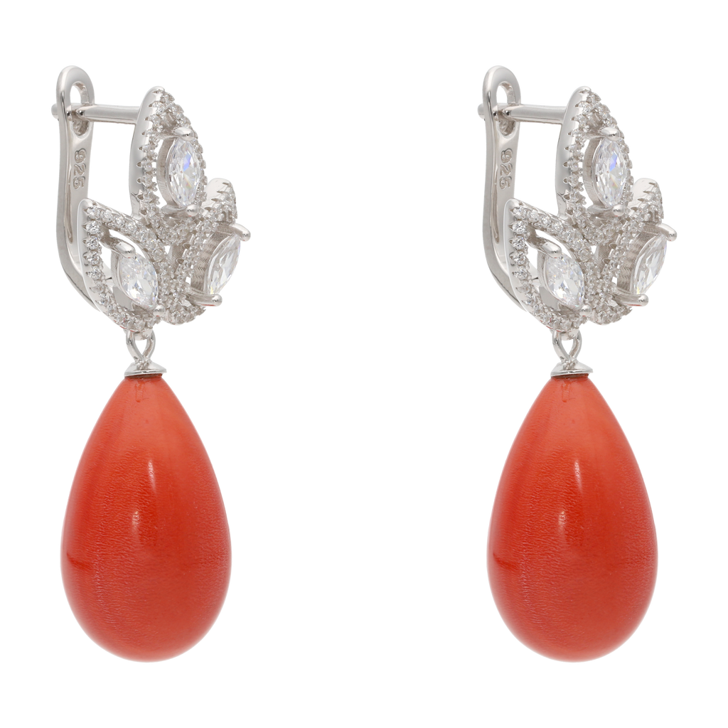 Aretes 3 hojas circonias con piedra gota plata