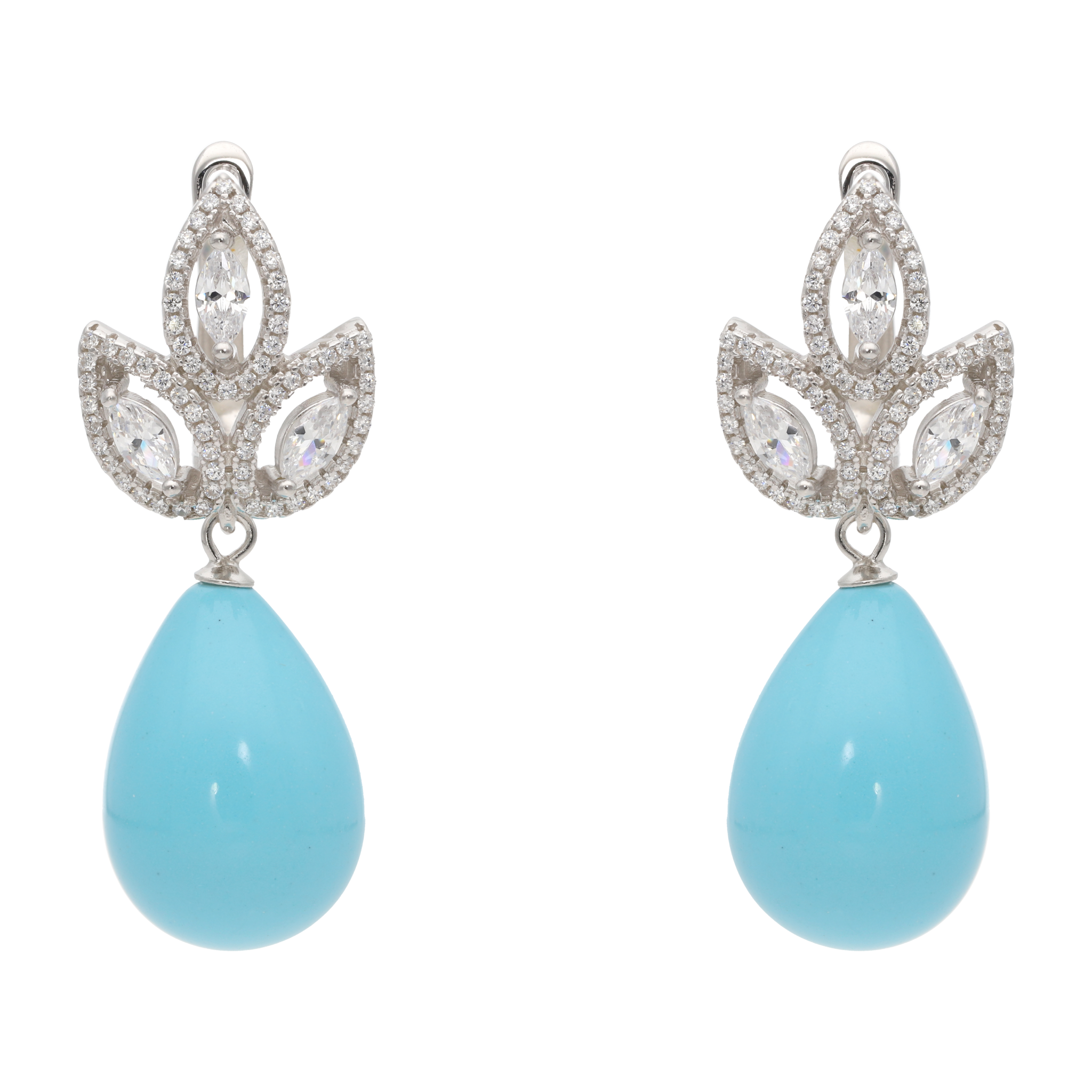 Aretes 3 hojas circonias con piedra gota plata