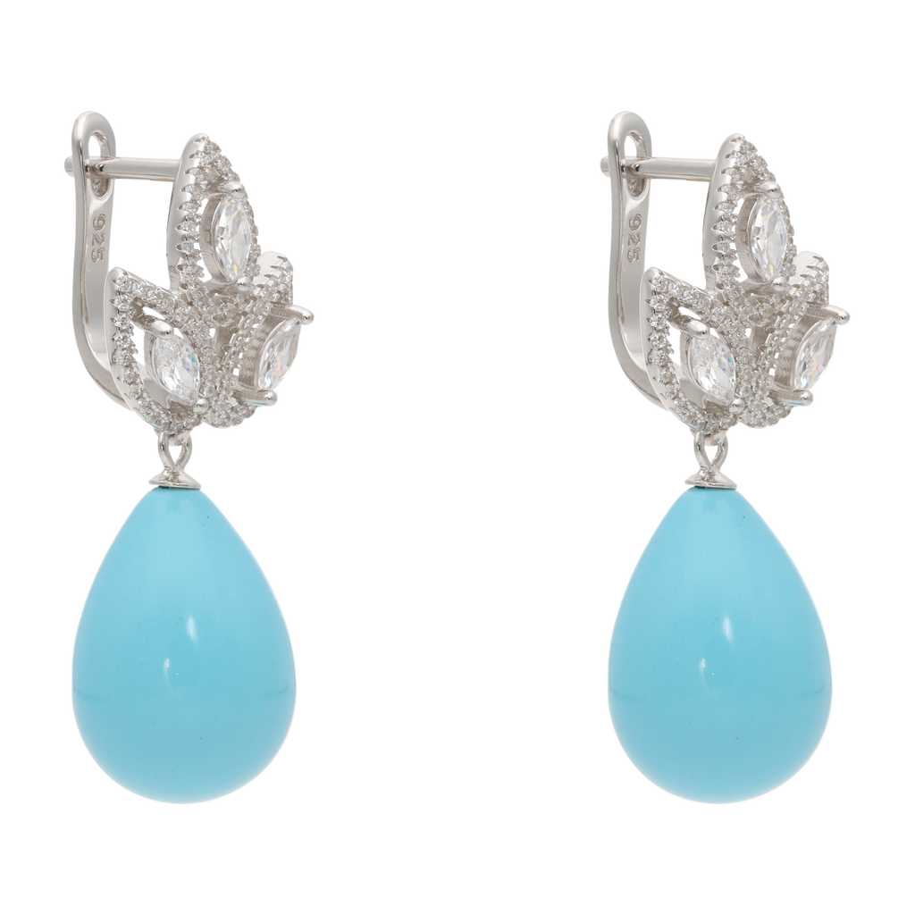 Aretes 3 hojas circonias con piedra gota plata